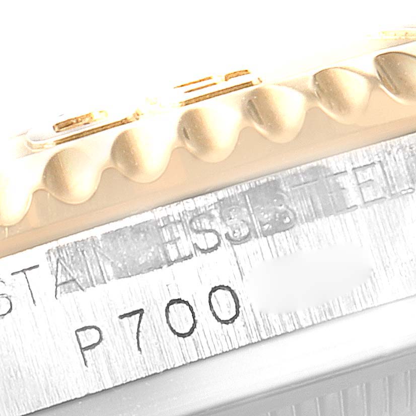 Close-up of the bezel and side casing showing the model number "P700" on the Rolex Yacht-Master 168623 Men
s Steel and Gold (two tone) Grey Dial 168623 Men
s Steel and Gold (two tone) Grey Dial watch.