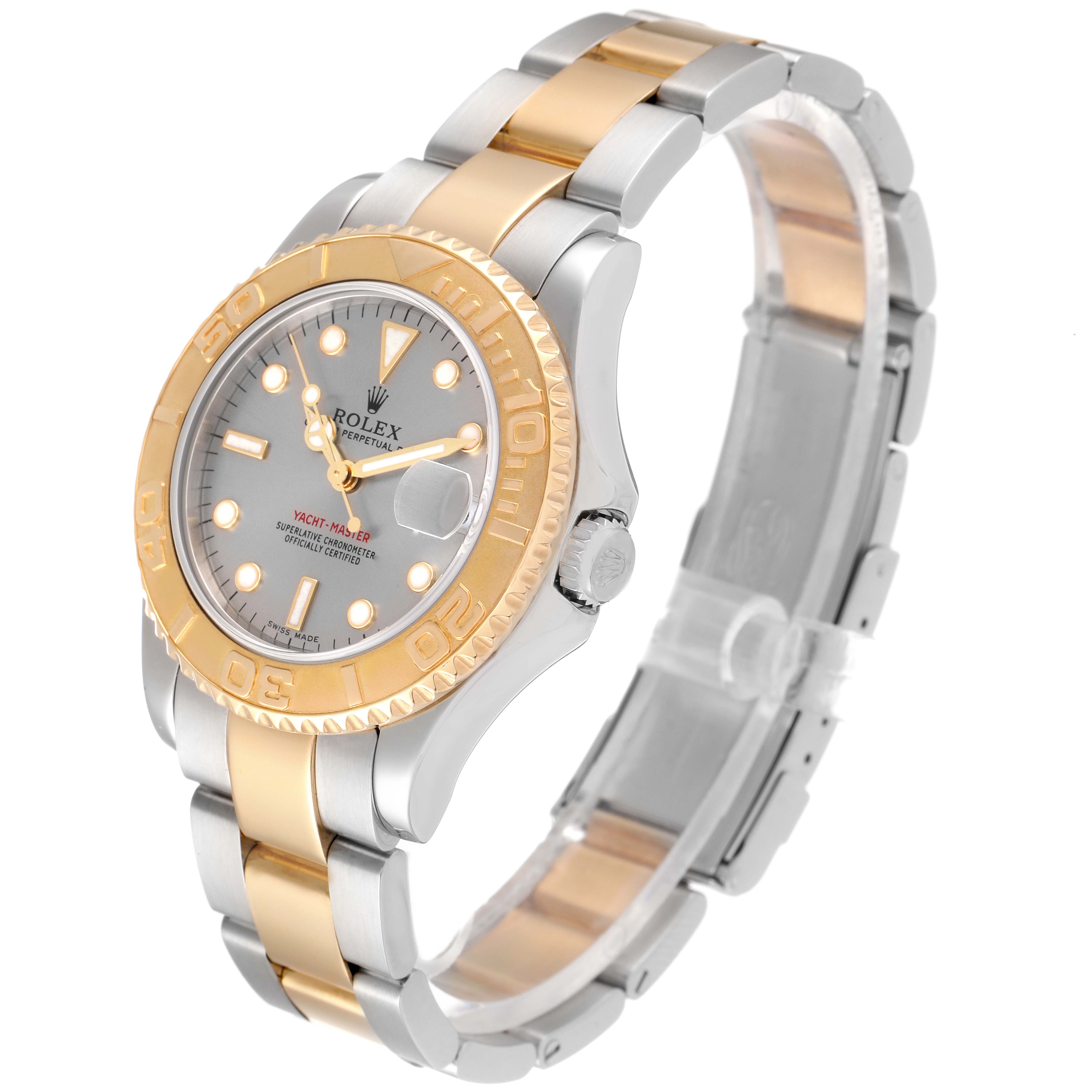 This image shows a Rolex Yacht-Master 168623 Men
s Steel and Gold (two tone) Grey Dial 168623 Men
s Steel and Gold (two tone) Grey Dial watch at a three-quarter angle, highlighting the dial, bezel, and two-tone bracelet.