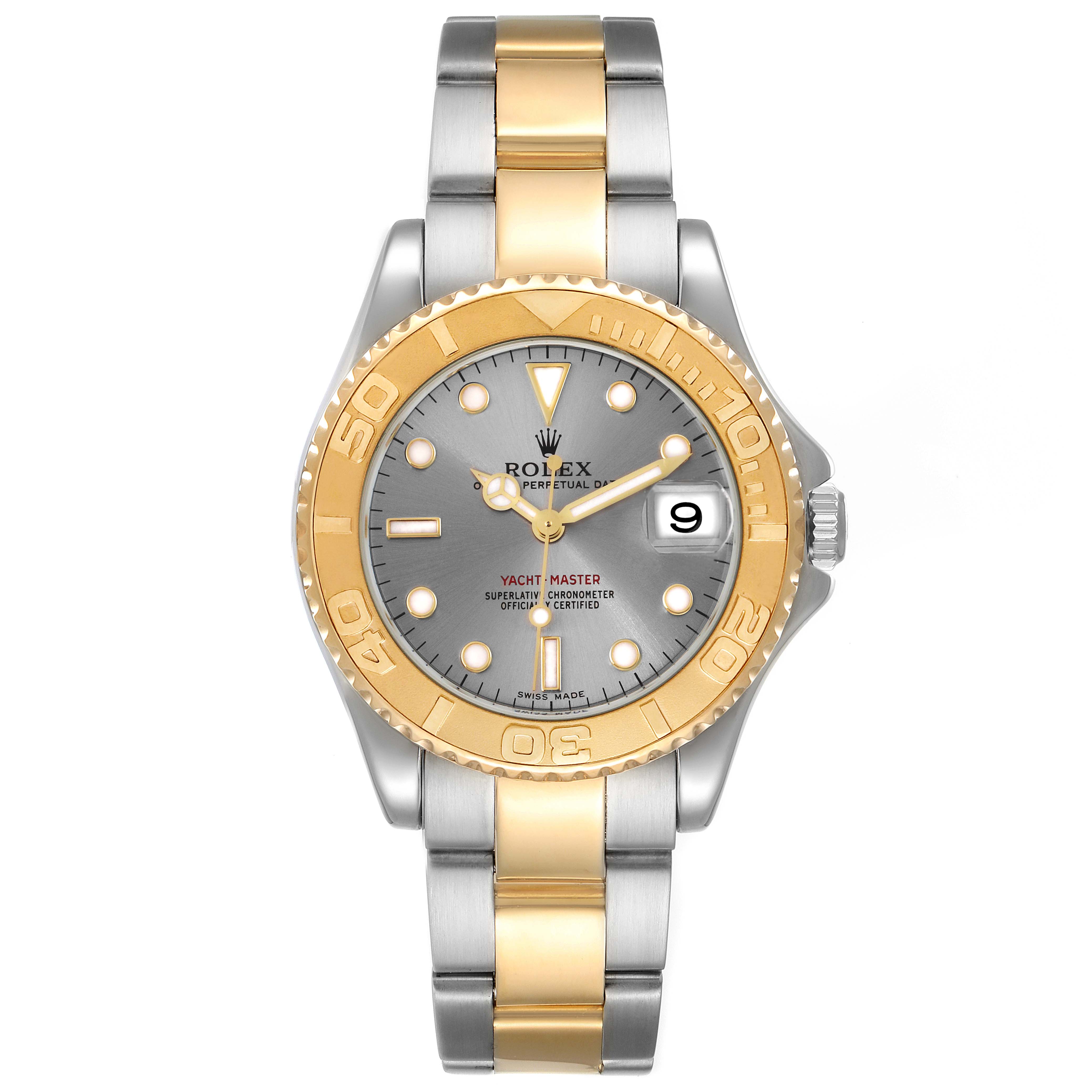 The Rolex Yacht-Master 168623 Men
s Steel and Gold (two tone) Grey Dial 168623 Men
s Steel and Gold (two tone) Grey Dial watch is shown from a front angle, highlighting its face, bezel, and two-tone bracelet.