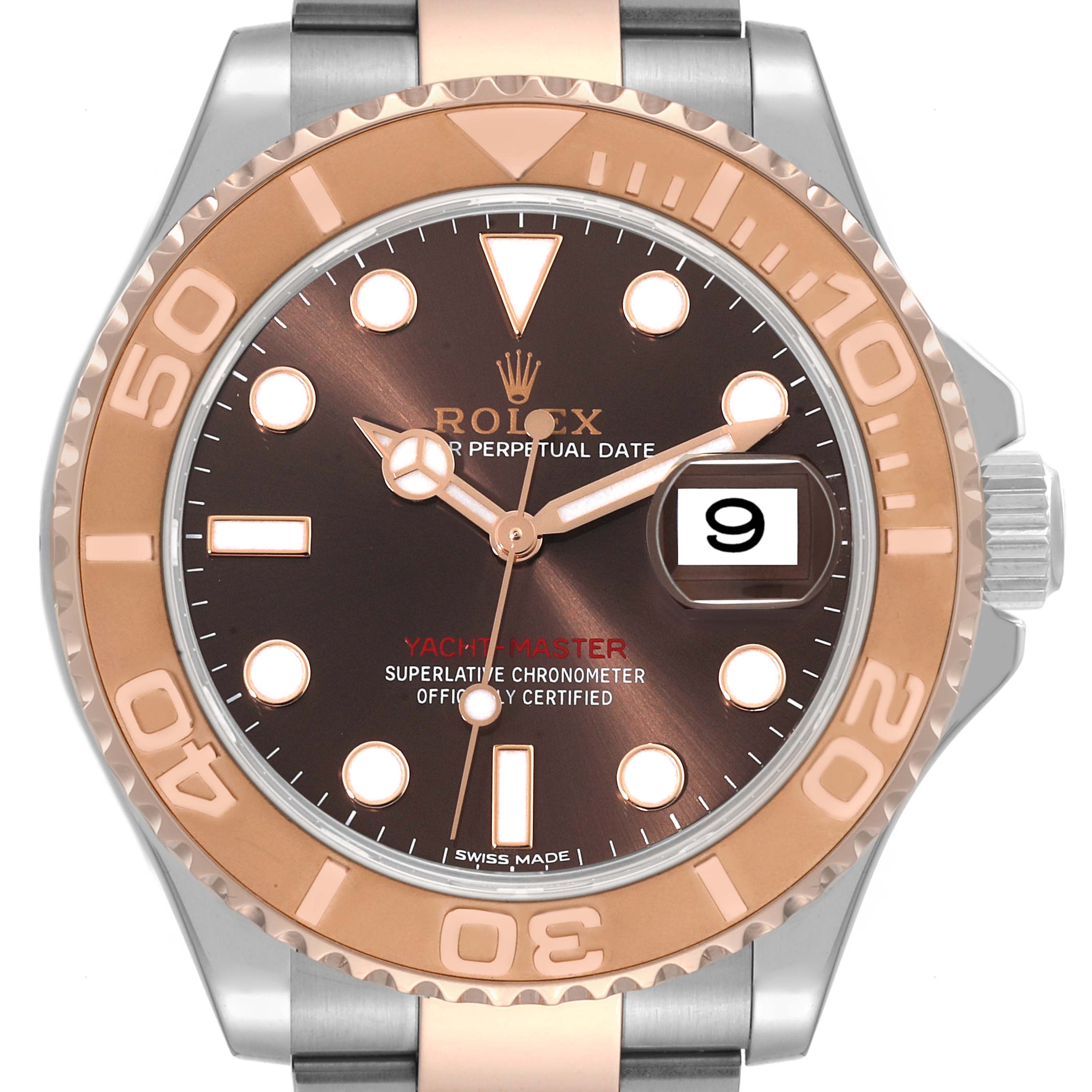 The image shows a front view of the Rolex Yacht-Master 116621 Men's Steel and Gold (two tone) Brown Dial 116621 Men's Steel and Gold (two tone) Brown Dial watch, highlighting its dial, bezel, hands, and bracelet.