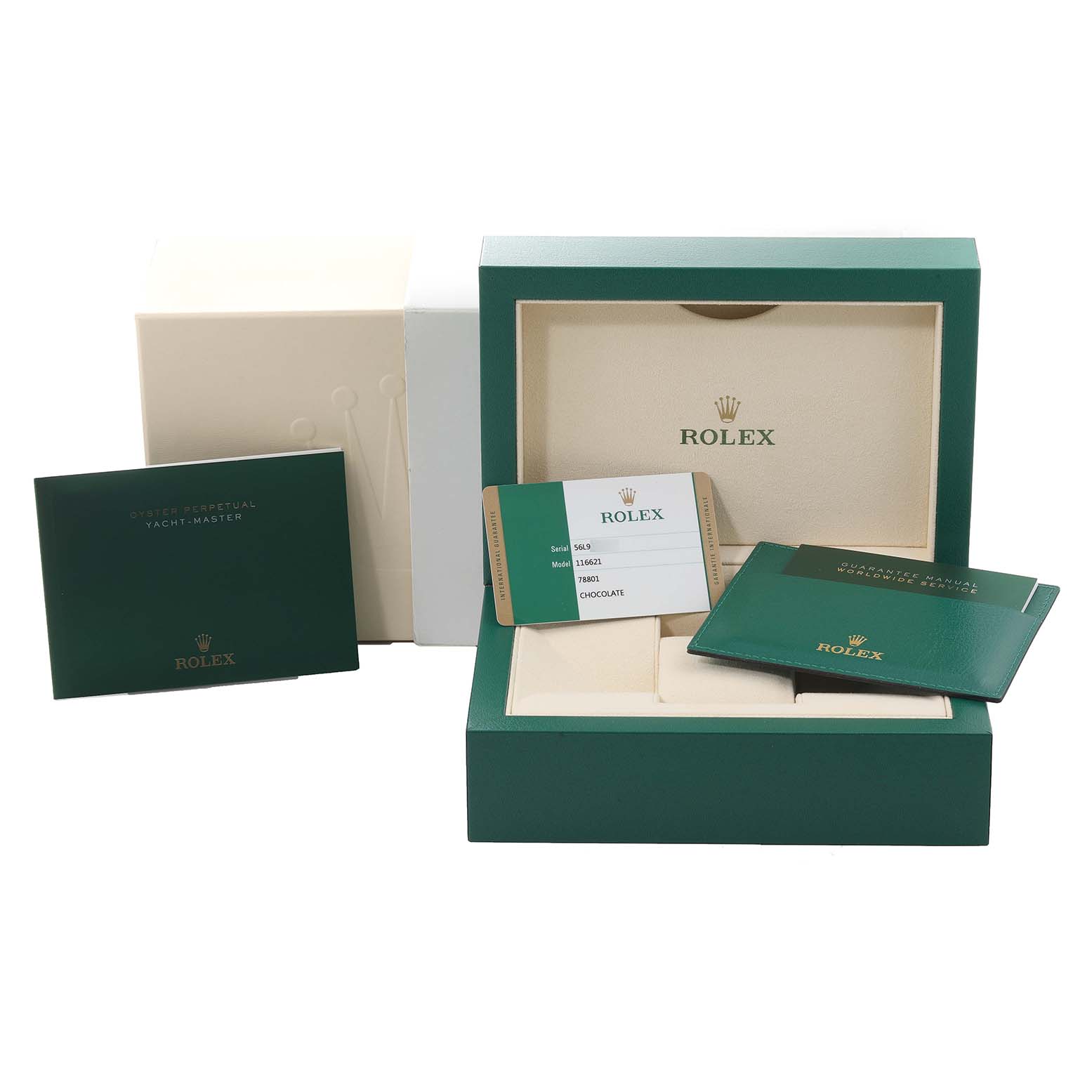 This image shows the box, warranty card, and booklets for the Rolex Yacht-Master 116621 Men's Steel and Gold (two tone) Brown Dial 116621 Men's Steel and Gold (two tone) Brown Dial watch.