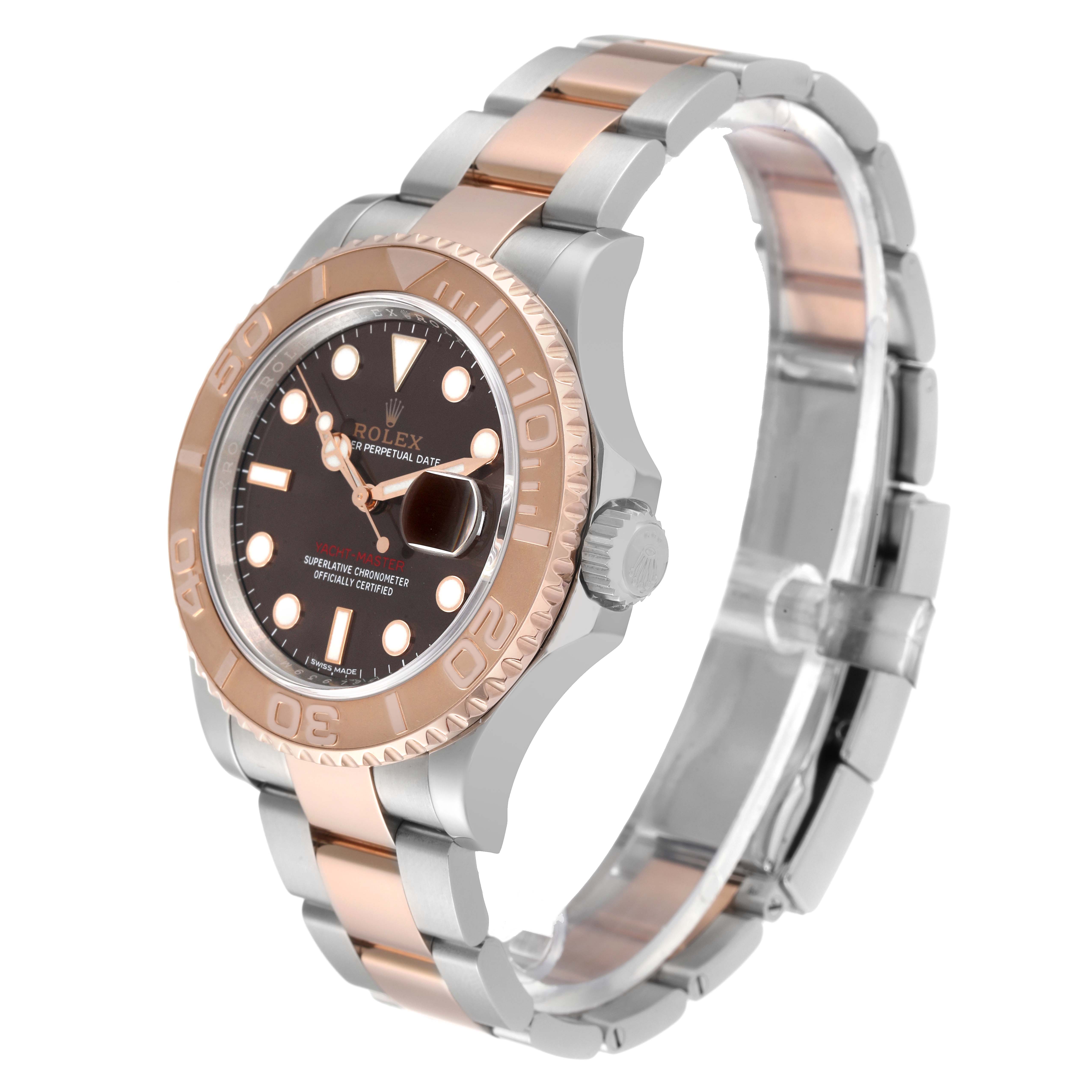 The Rolex Yacht-Master 116621 Men's Steel and Gold (two tone) Brown Dial 116621 Men's Steel and Gold (two tone) Brown Dial watch is shown at a three-quarter angle, displaying the face, bezel, and bracelet.