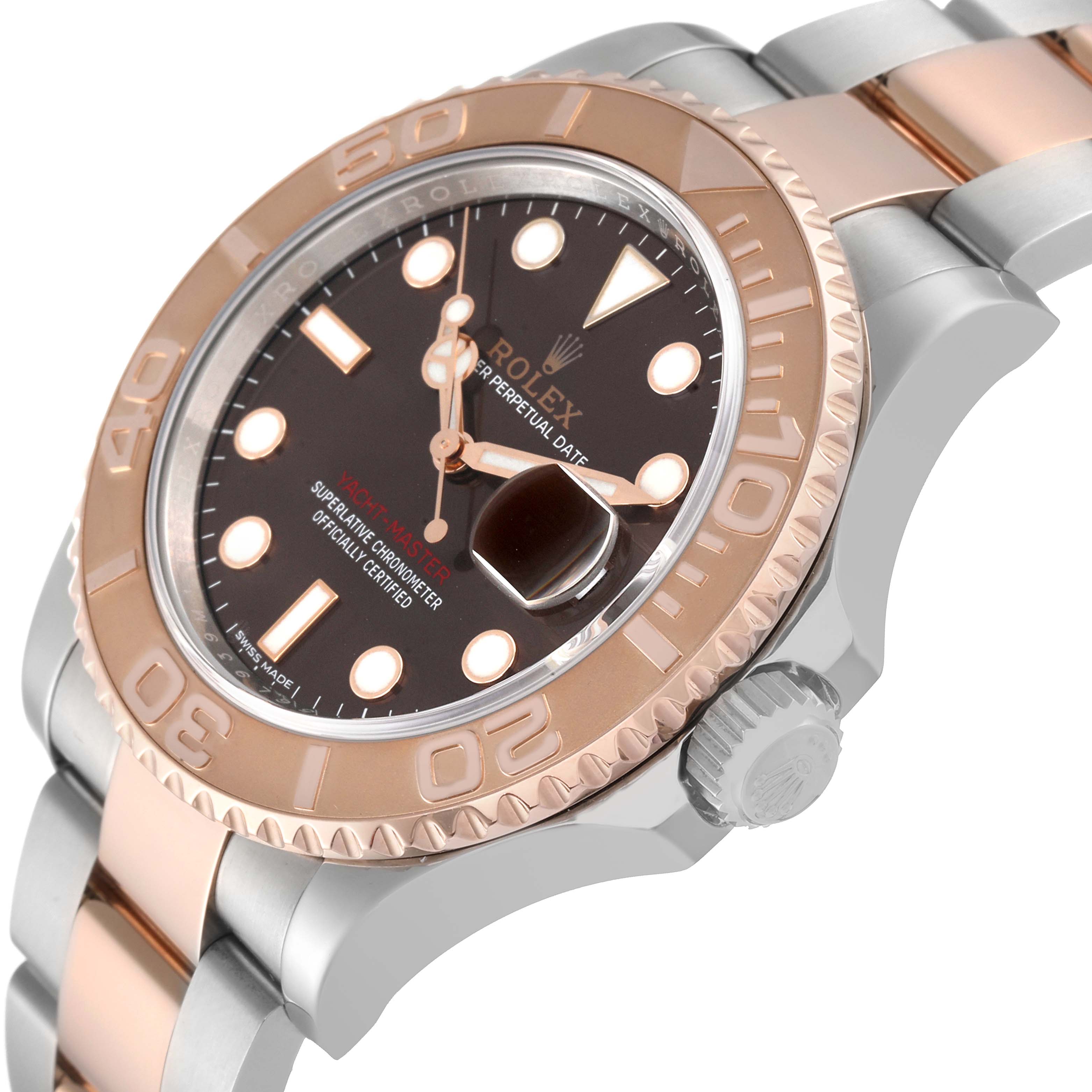 The image shows a side profile and partial face of a Rolex Yacht-Master 116621 Men's Steel and Gold (two tone) Brown Dial 116621 Men's Steel and Gold (two tone) Brown Dial watch, highlighting the bezel, dial, and bracelet.