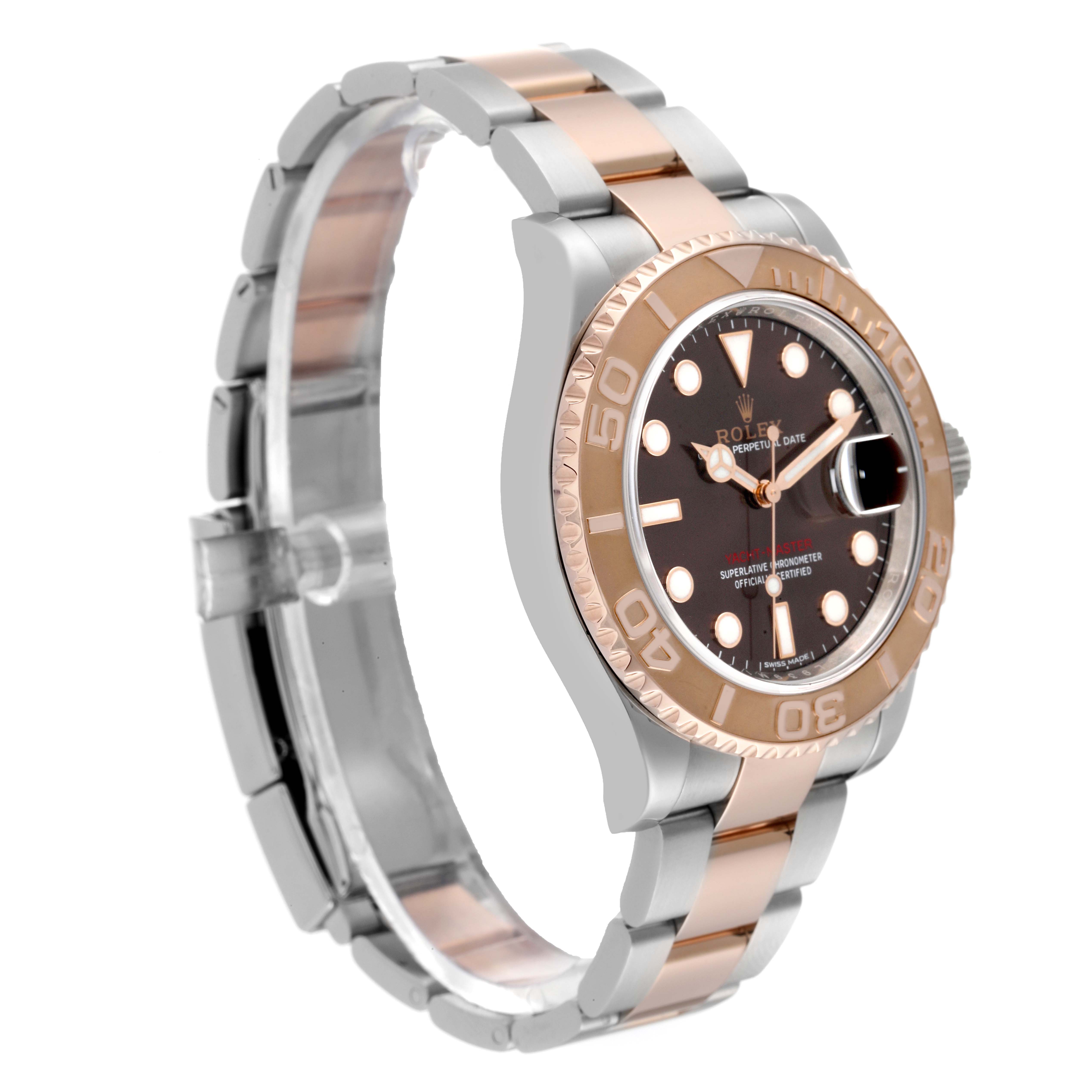 The image shows a side angle of a Rolex Yacht-Master 116621 Men's Steel and Gold (two tone) Brown Dial 116621 Men's Steel and Gold (two tone) Brown Dial watch, highlighting the dial, bezel, and two-tone bracelet.