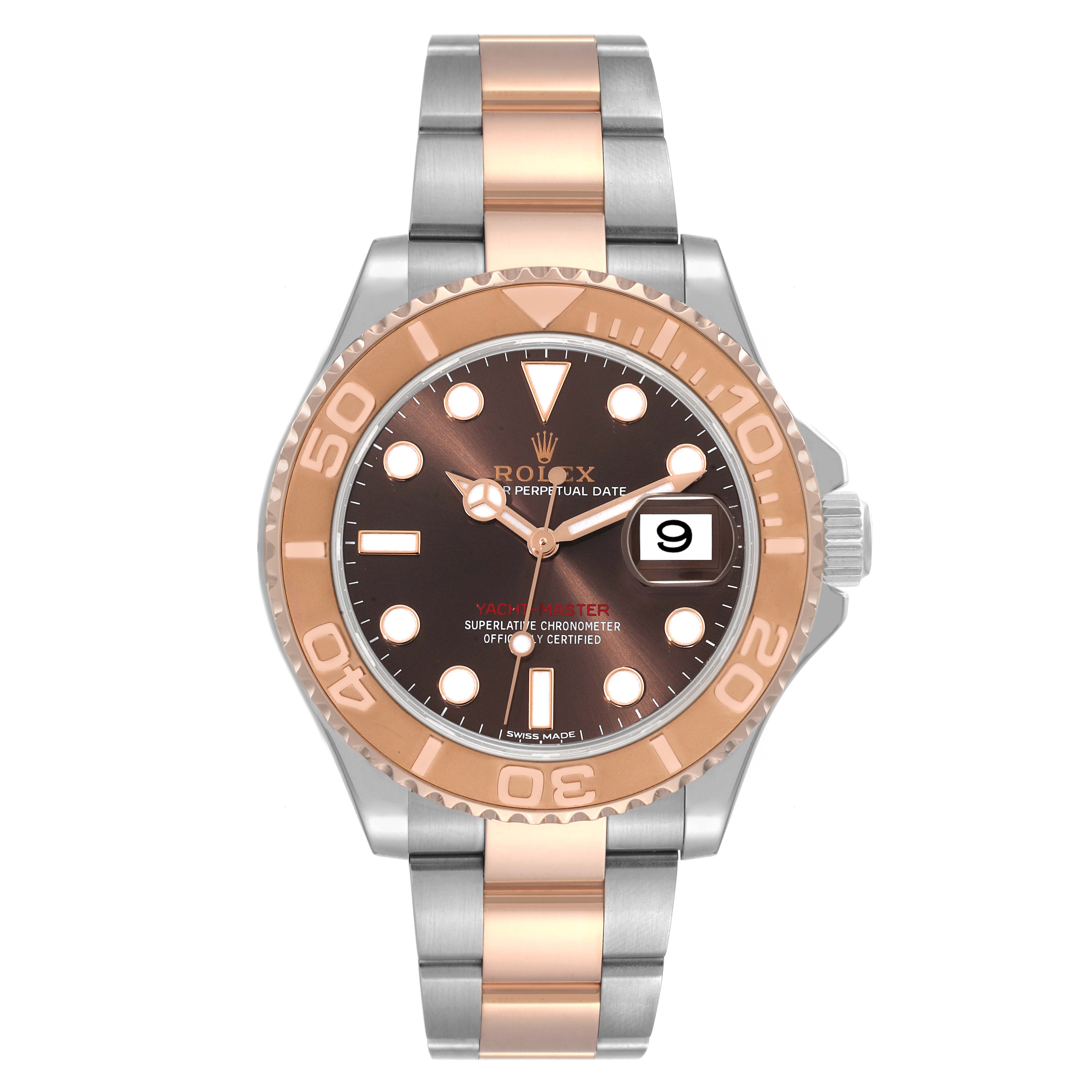 The Rolex Yacht-Master 116621 Men's Steel and Gold (two tone) Brown Dial 116621 Men's Steel and Gold (two tone) Brown Dial watch is shown from a front angle, displaying the dial, bezel, and bracelet.