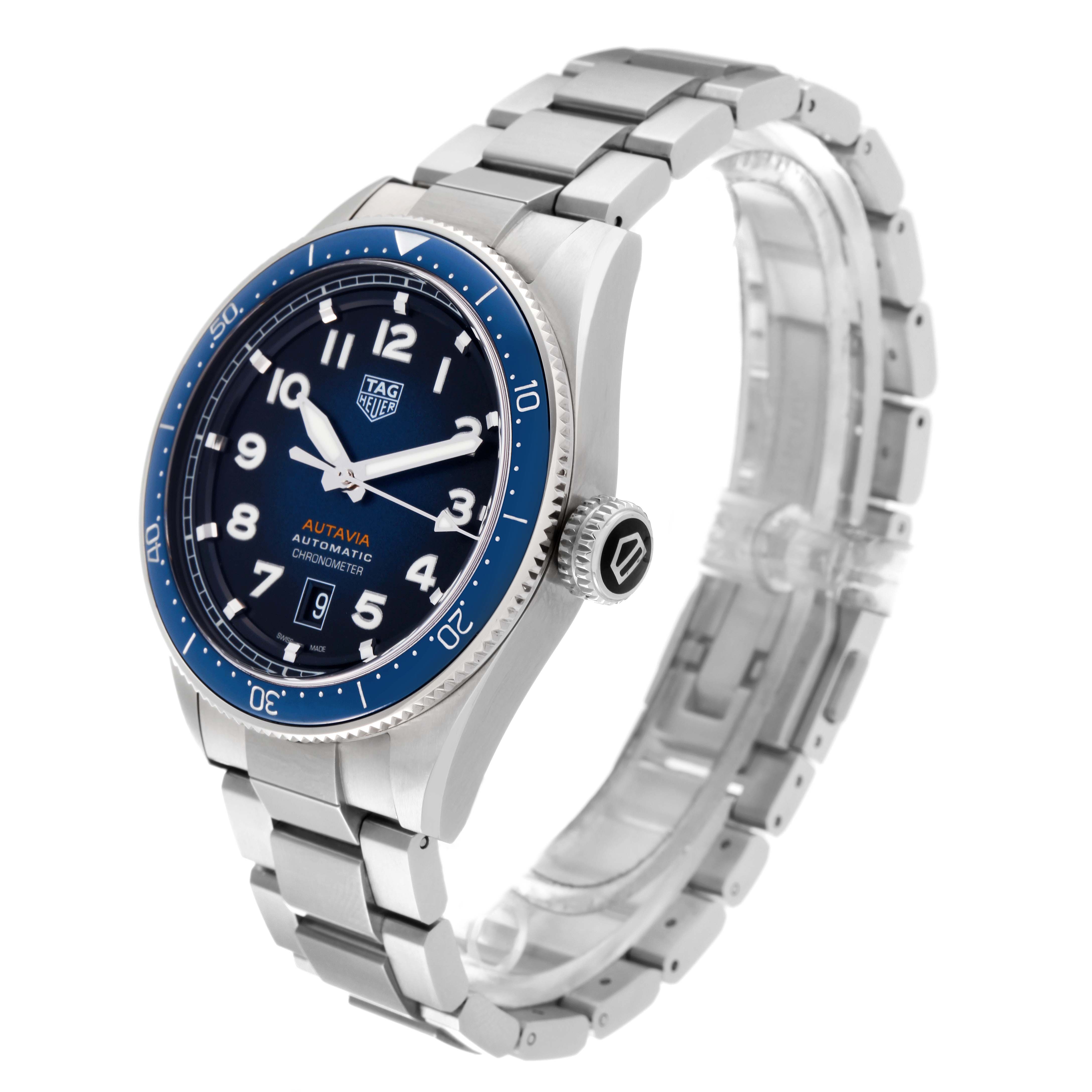 The image shows a side angle of a Tag Heuer Autavia WBE5116.EB0173 Men's Stainless Steel Blue Dial WBE5116.EB0173 Men's Stainless Steel Blue Dial watch, displaying the face, bezel, crown, and stainless steel bracelet.