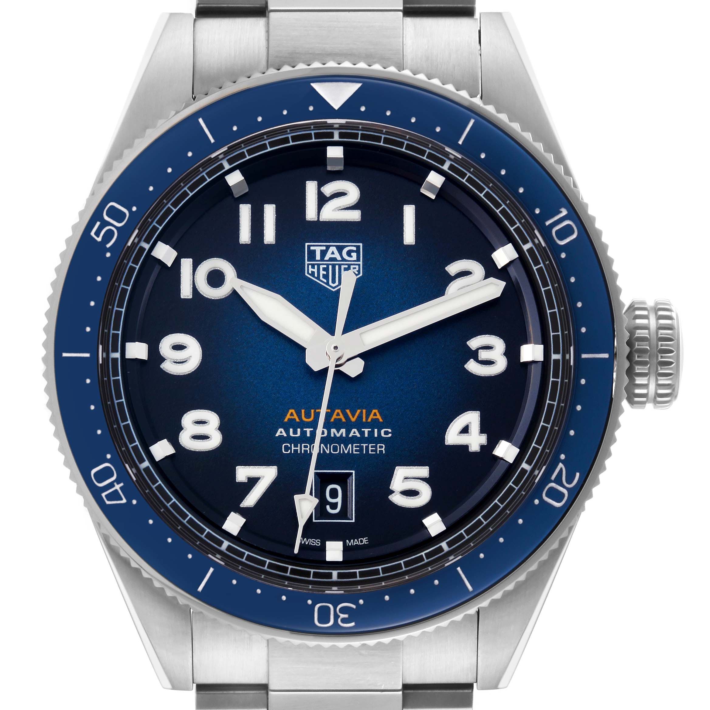 This image shows a close-up of the dial and bezel of the Tag Heuer Autavia WBE5116.EB0173 Men's Stainless Steel Blue Dial WBE5116.EB0173 Men's Stainless Steel Blue Dial model watch, highlighting the blue face and silver details.