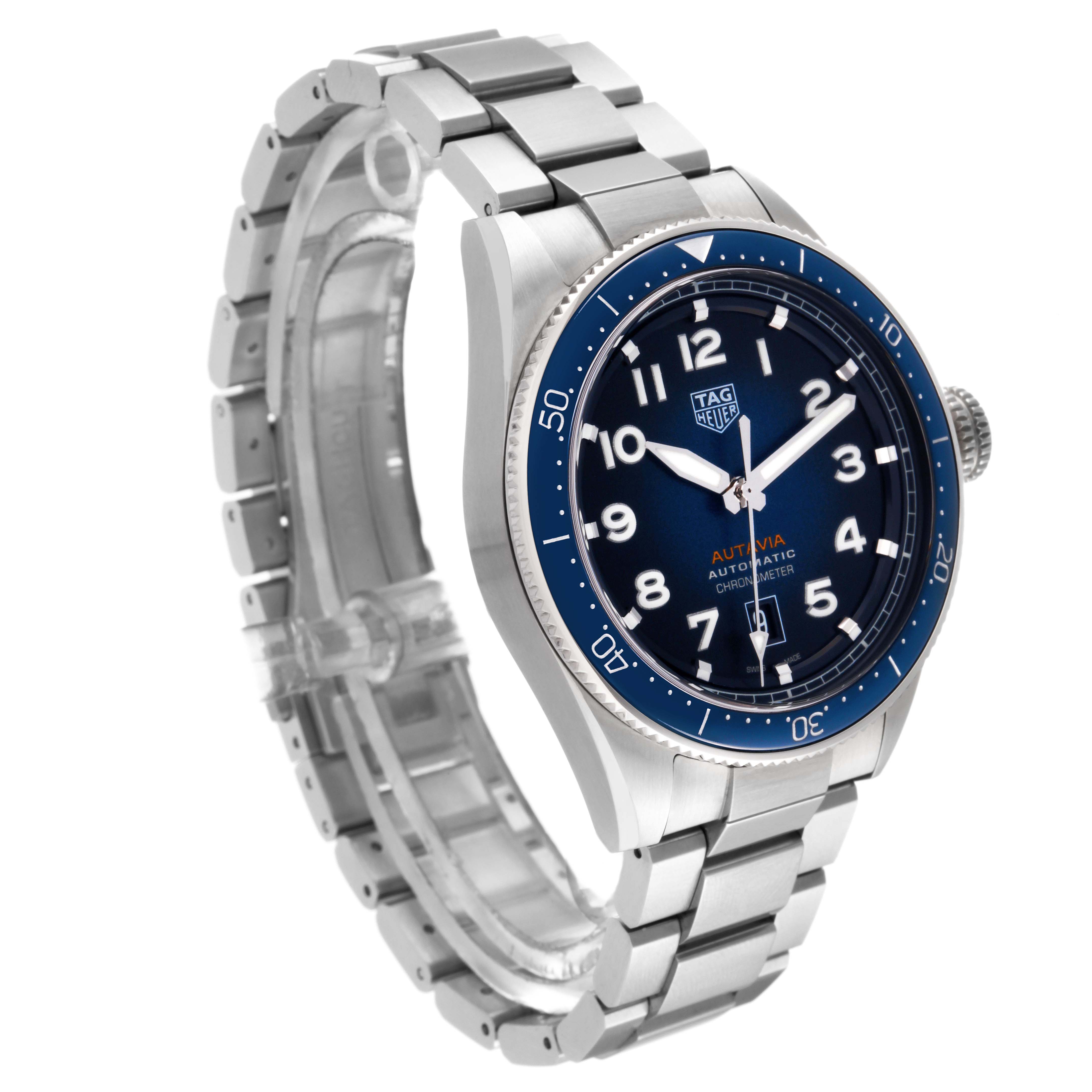 The image shows a Tag Heuer Autavia WBE5116.EB0173 Men's Stainless Steel Blue Dial WBE5116.EB0173 Men's Stainless Steel Blue Dial model watch at a three-quarter angle, displaying the face, bezel, crown, and metal bracelet.
