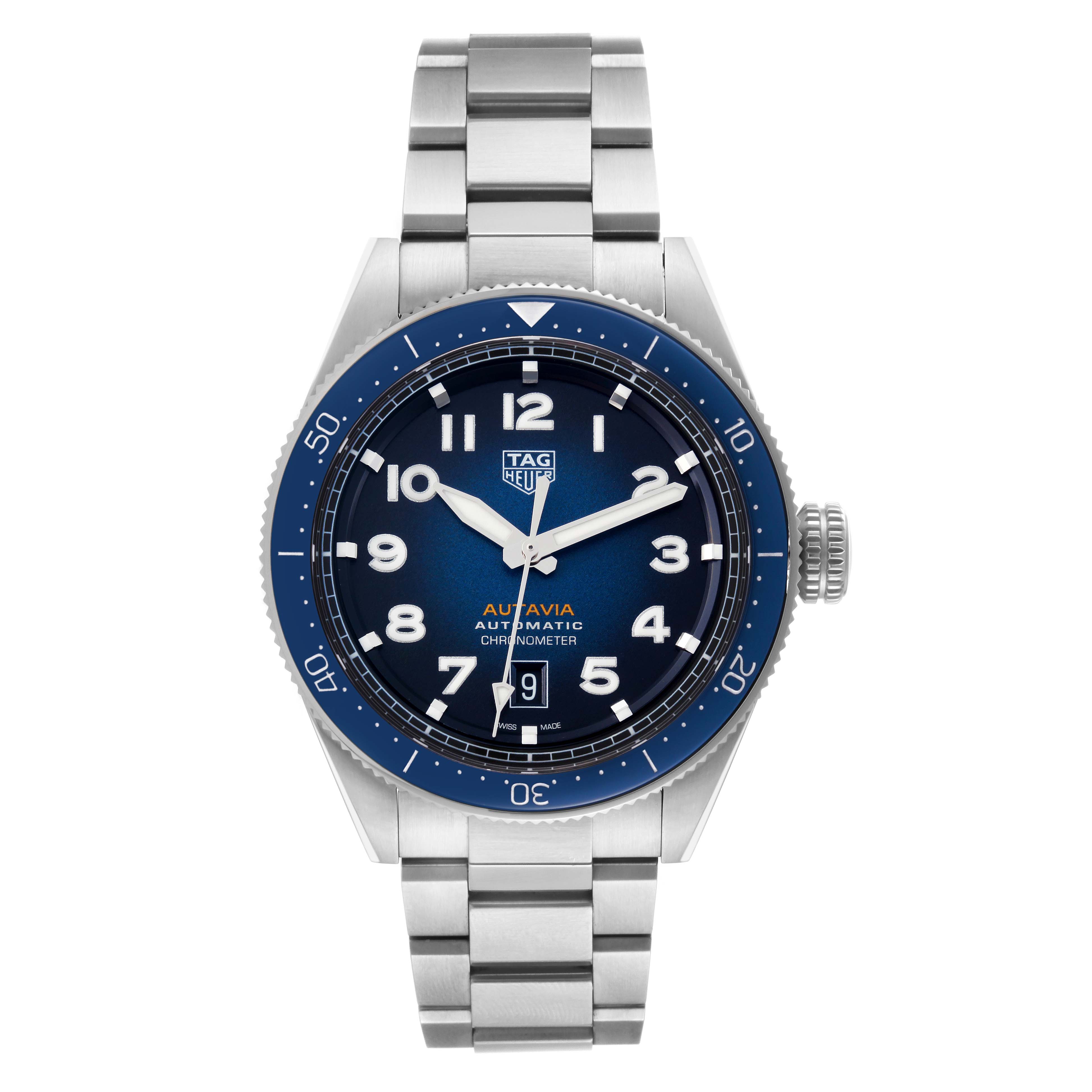 The image shows a front view of the Tag Heuer Autavia WBE5116.EB0173 Men's Stainless Steel Blue Dial WBE5116.EB0173 Men's Stainless Steel Blue Dial watch displaying the dial and bracelet.