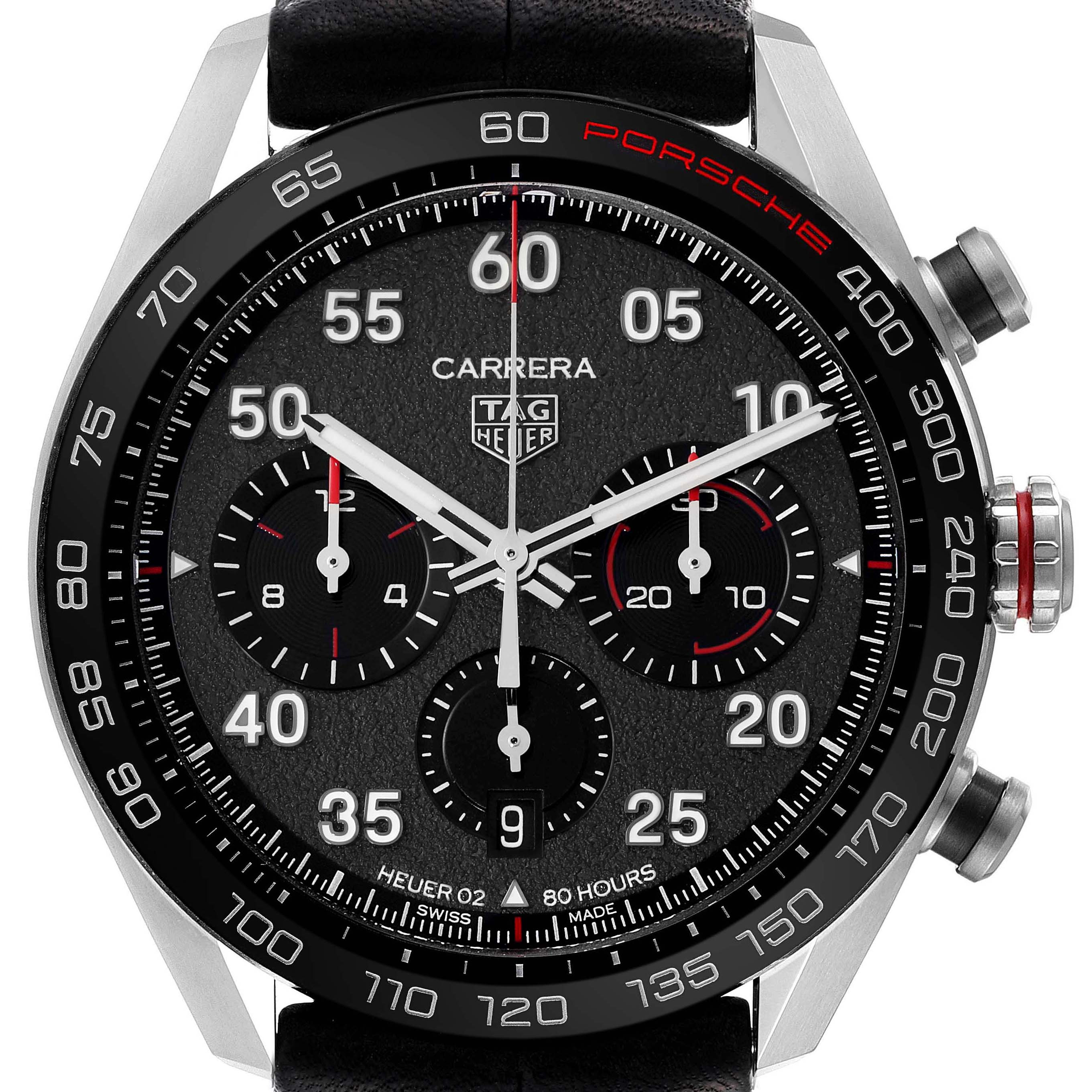 This is a close-up, front-facing view of the Tag Heuer Carrera Limited Edition watch, showing the dial, subdials, and bezel.