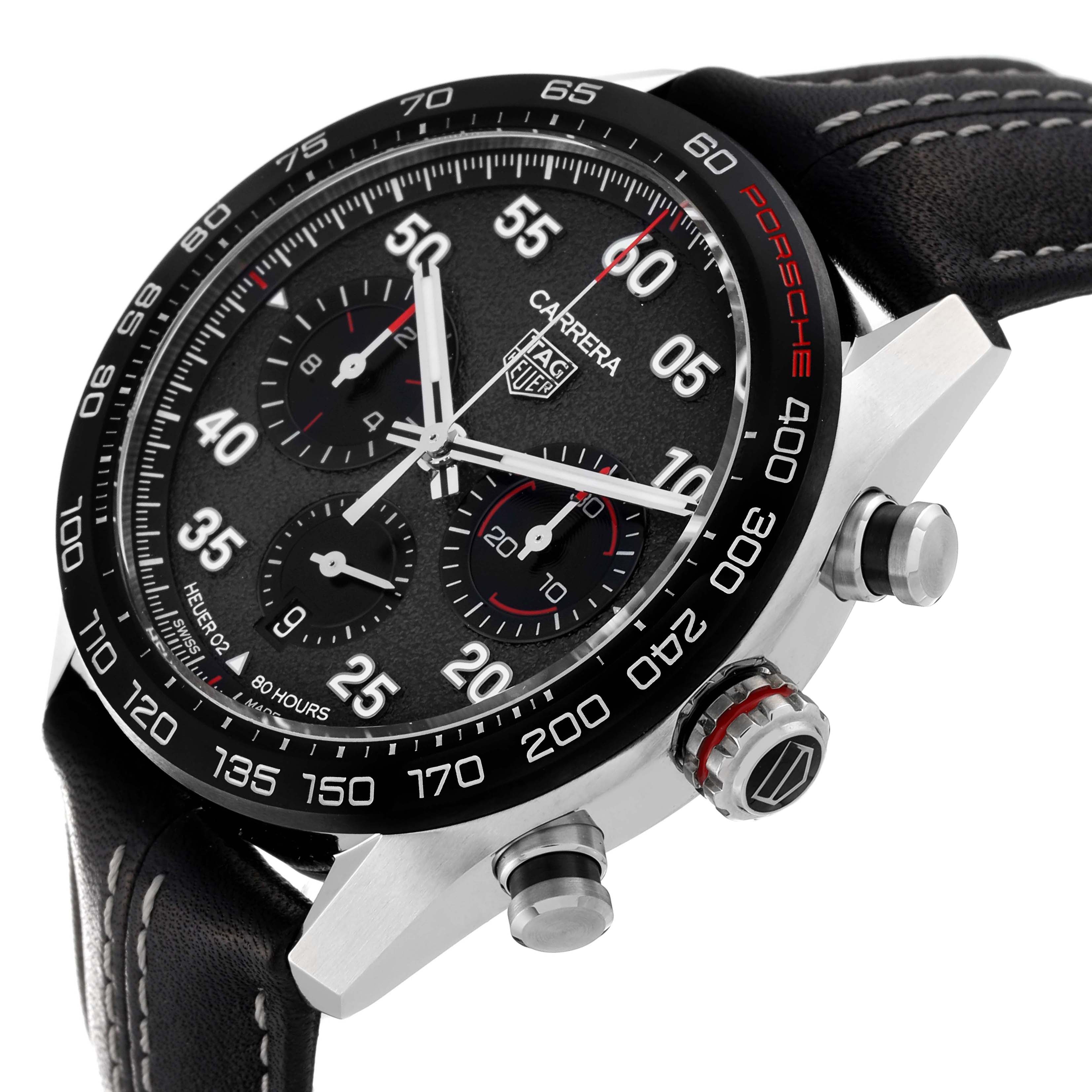 The image shows a close-up, angled view of the Tag Heuer Carrera Limited Edition watch, highlighting the bezel, dial, and crown.