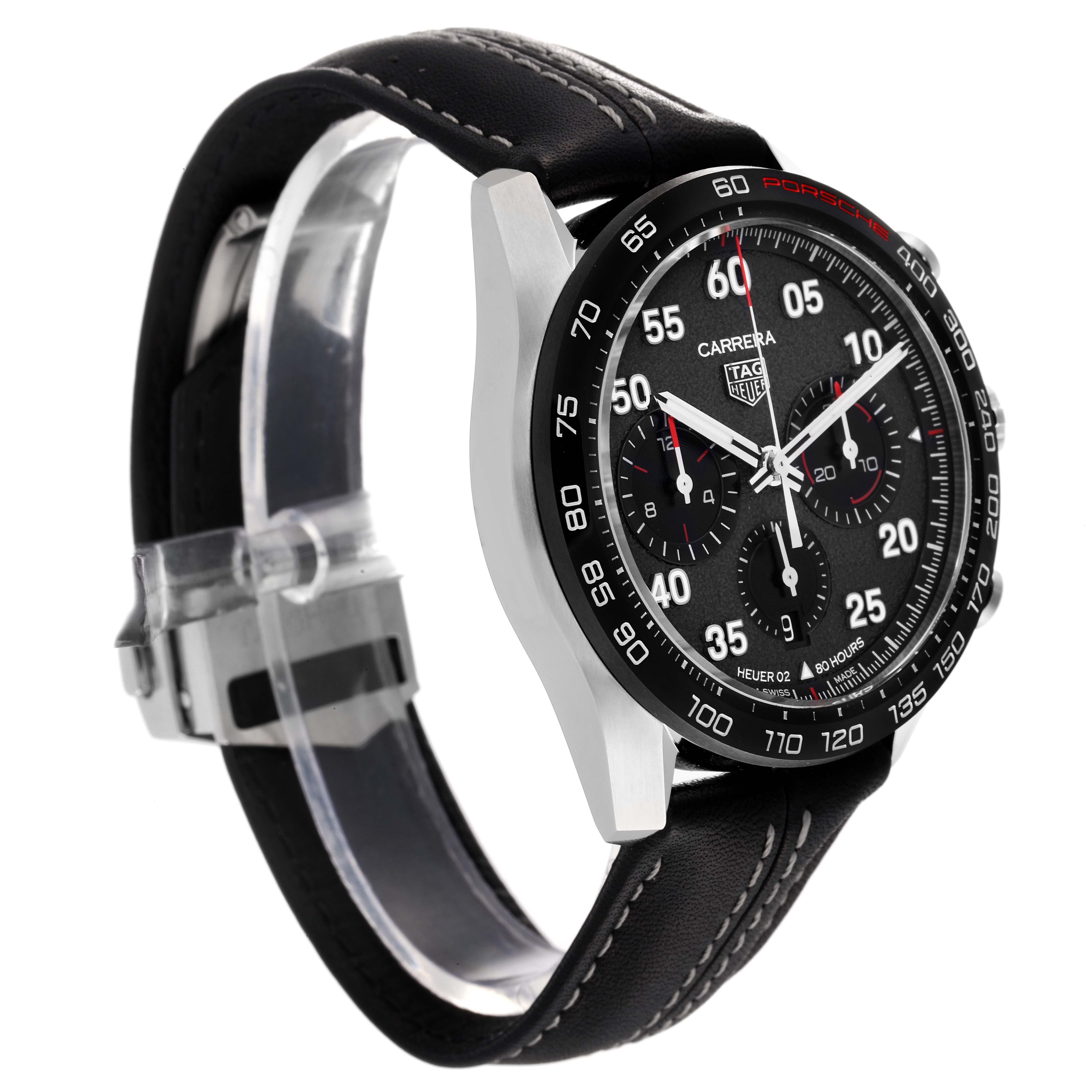 This image shows a side angle of the Tag Heuer Carrera Limited Edition watch, featuring its dial, casing, and leather strap.