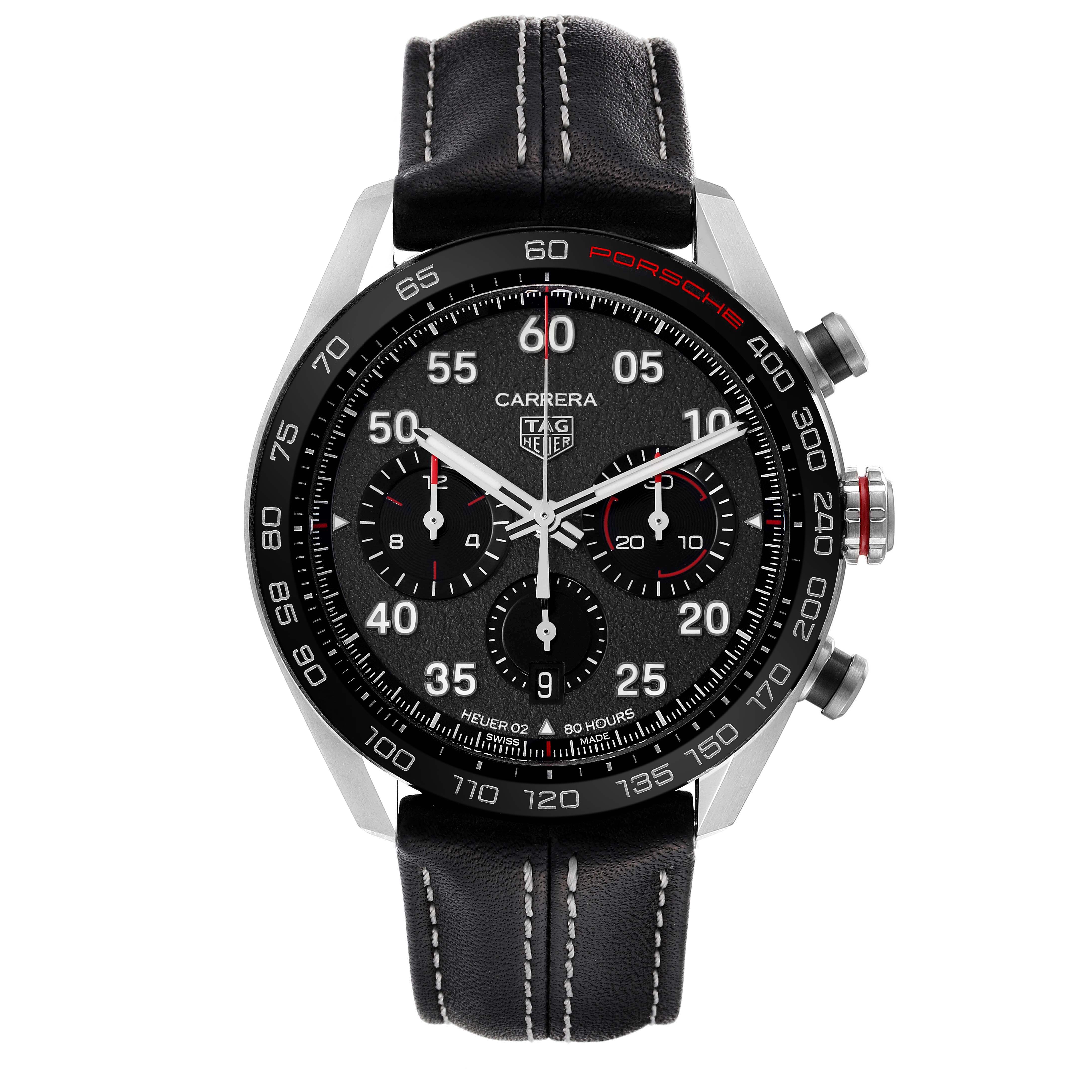 The image shows a front view of the TAG Heuer Carrera Limited Edition watch with a black dial and leather strap.