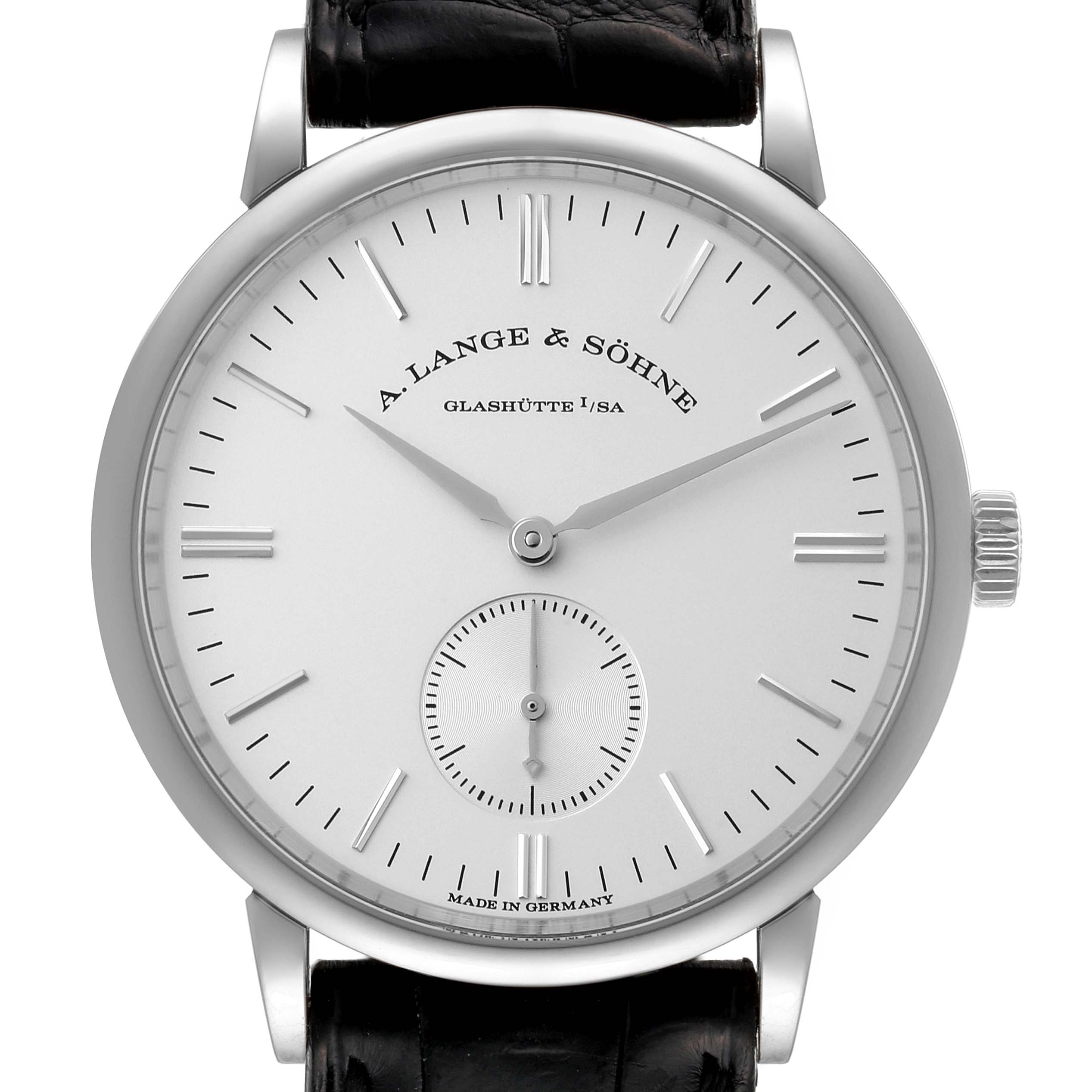 This image shows a front view of the A. Lange 
Sohne Saxonia 219.026 Men
s White Gold Silver Dial watch, highlighting the dial, hands, crown, and leather strap.