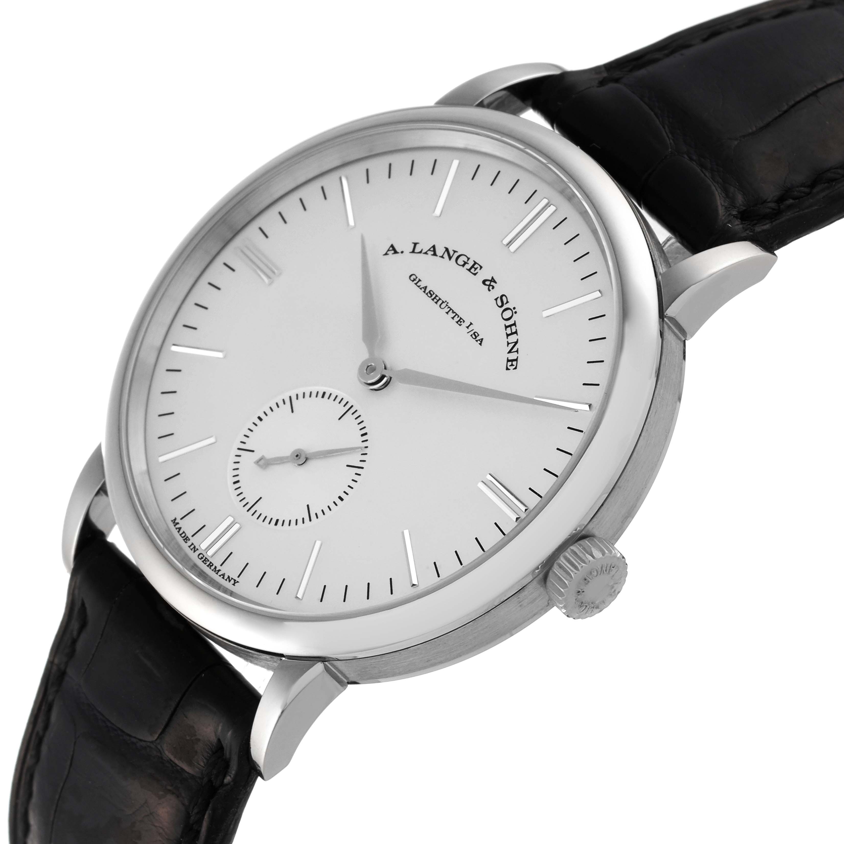 The A. Lange 
Sohne Saxonia watch is shown at an angled side view, highlighting the face, crown, and part of the leather strap.