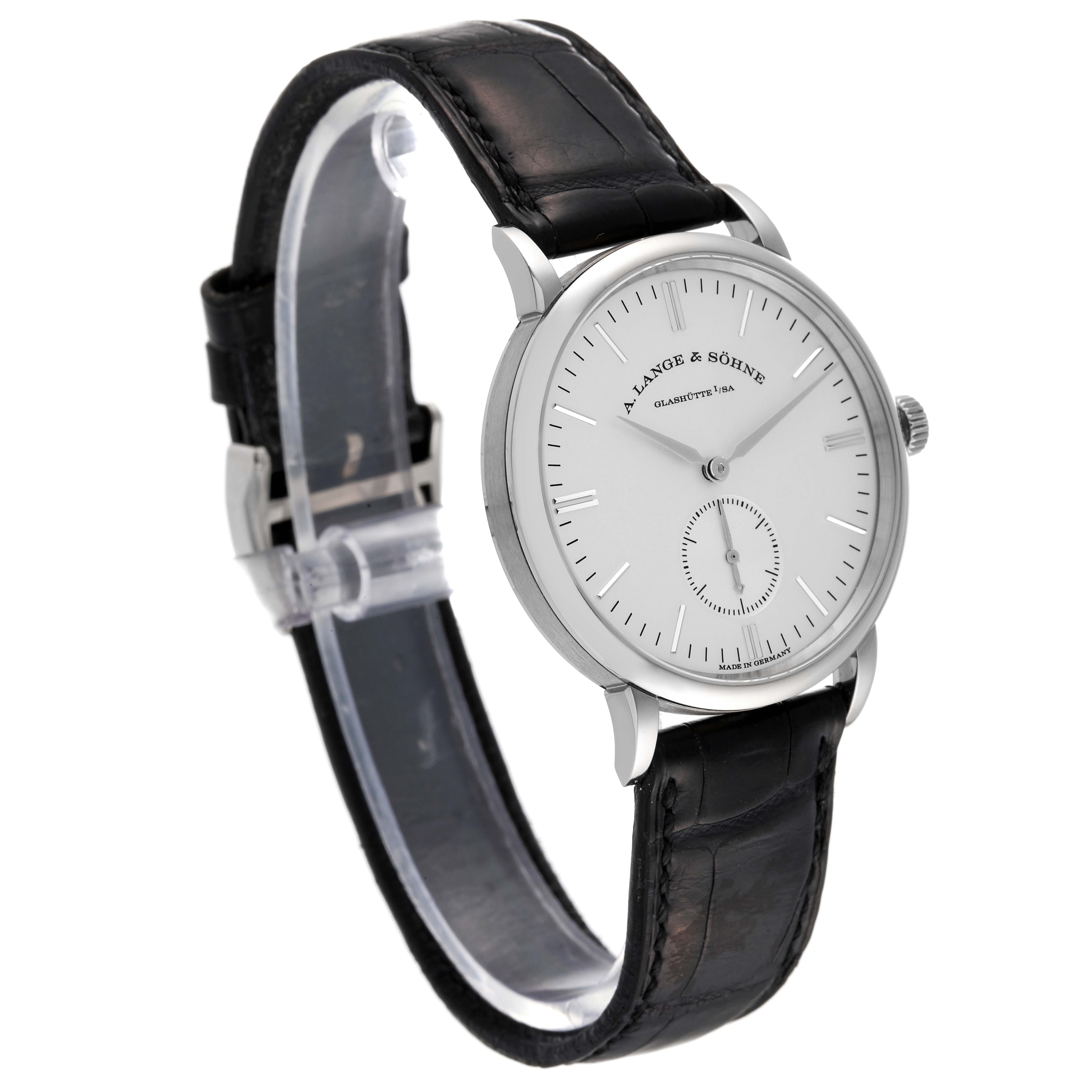 The A. Lange 
Sohne Saxonia 219.026 Men
s White Gold Silver Dial watch is shown at a slight side angle, displaying the dial, case, and leather strap.