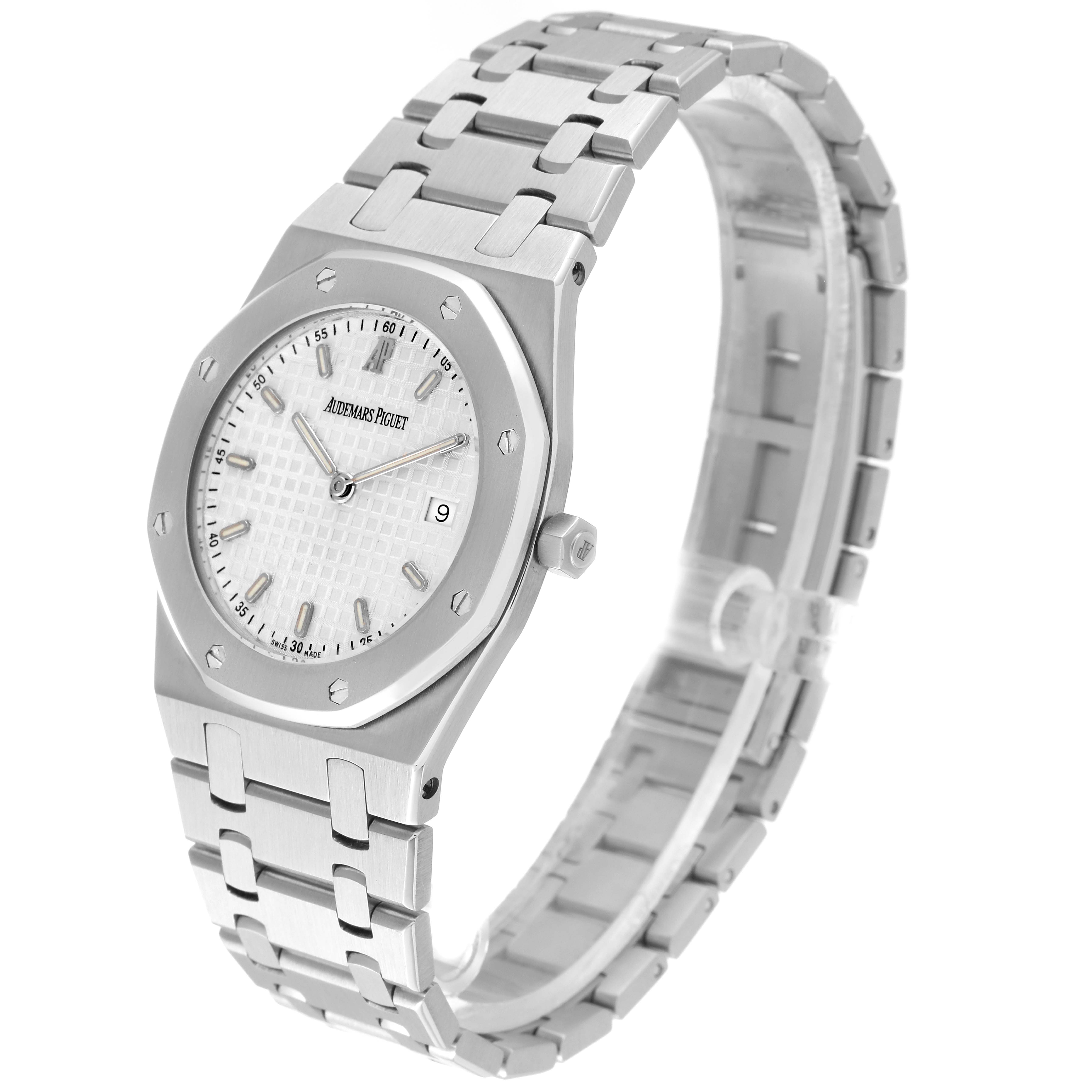 The image shows a side angle view of an Audemars Piguet Royal Oak 56175ST-O-0789ST-08 Men's Stainless Steel Silver Dial 56175ST-O-0789ST-08 Men's Stainless Steel Silver Dial watch, highlighting the face, bezel, crown, and metal bracelet.