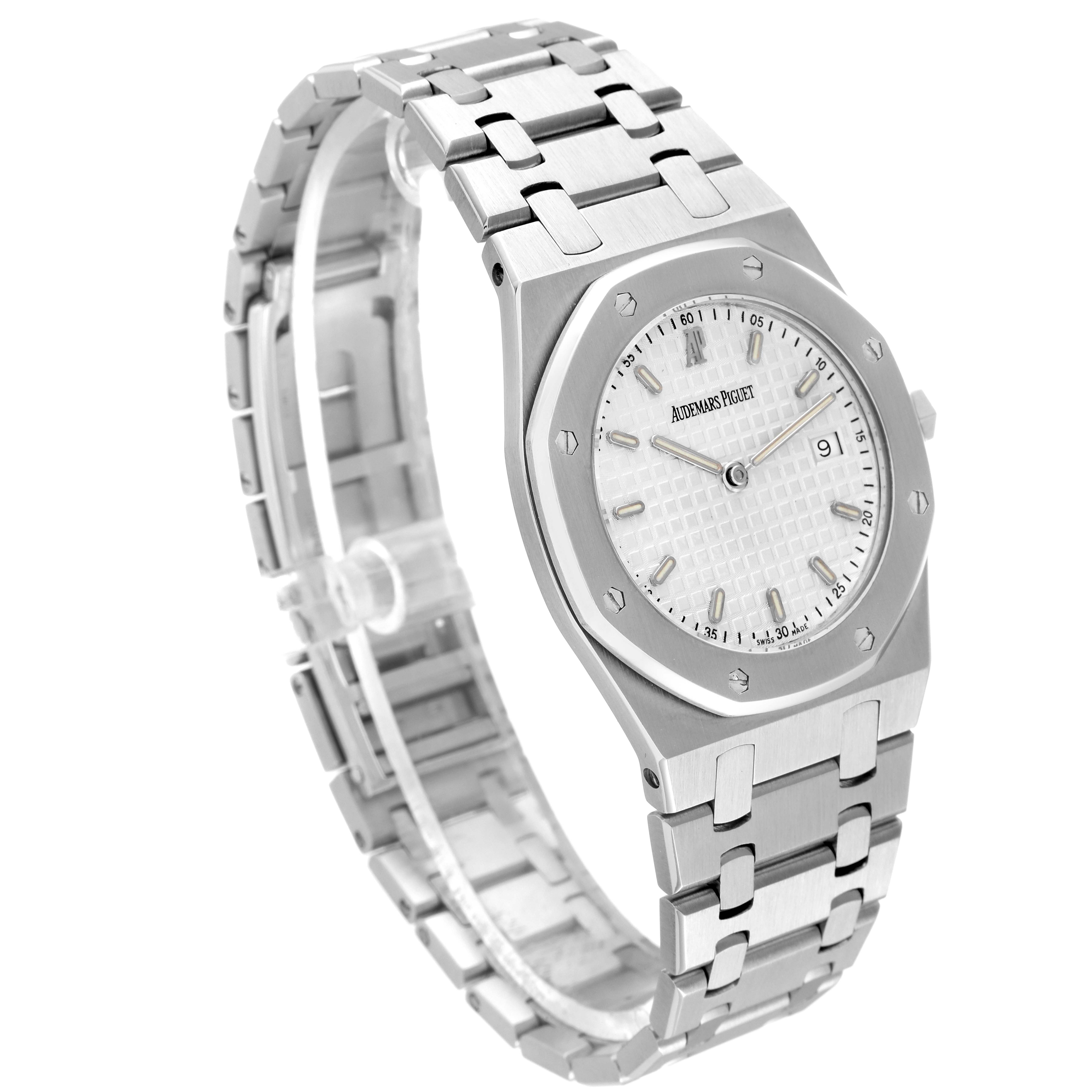 The image shows a side view of the Audemars Piguet Royal Oak 56175ST-O-0789ST-08 Men's Stainless Steel Silver Dial 56175ST-O-0789ST-08 Men's Stainless Steel Silver Dial watch, showcasing its stainless steel bracelet, dial, and bezel.