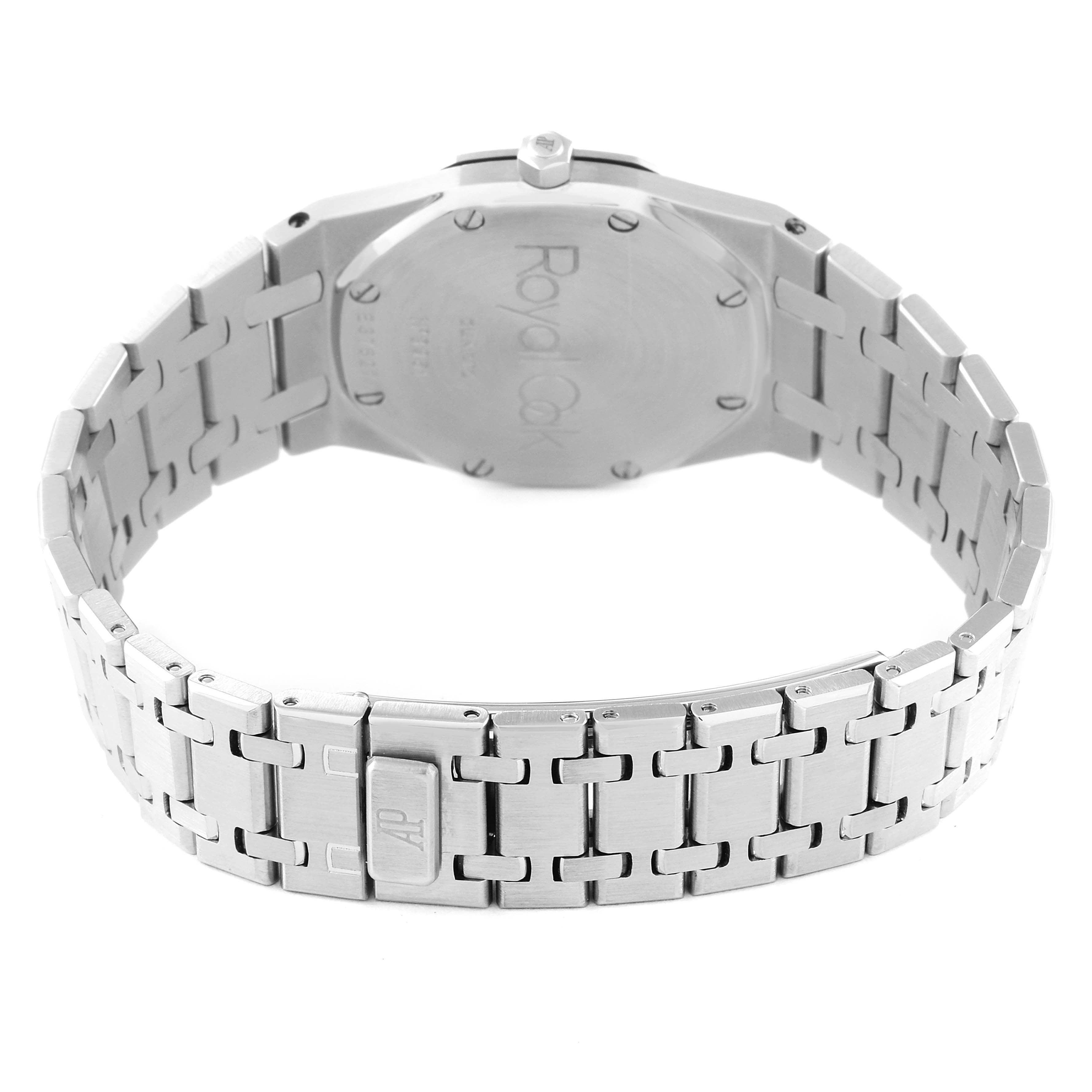 The image shows the back view of the bracelet and caseback of a Royal Oak model by Audemars Piguet.
