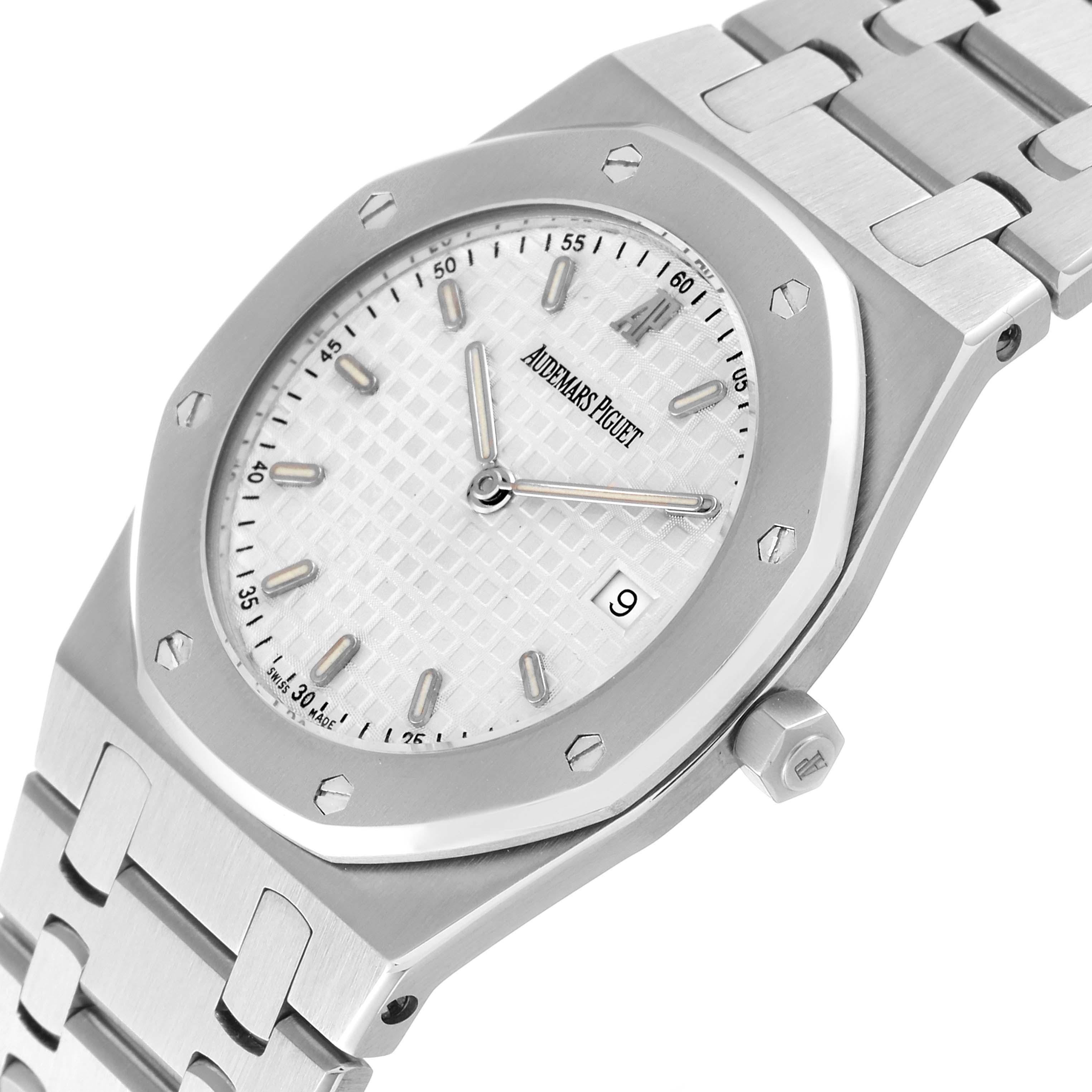 The image displays a close-up angled view of the Audemars Piguet Royal Oak 56175ST-O-0789ST-08 Men's Stainless Steel Silver Dial 56175ST-O-0789ST-08 Men's Stainless Steel Silver Dial watch, showing the dial, bezel, bracelet, and crown.