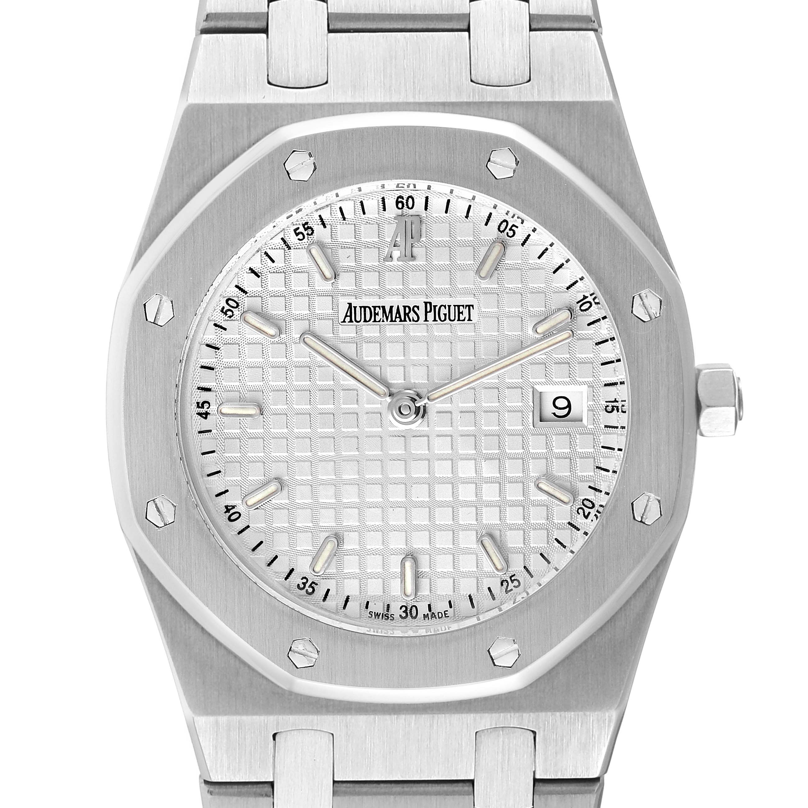 The image shows a front view of the Audemars Piguet Royal Oak 56175ST-O-0789ST-08 Men's Stainless Steel Silver Dial 56175ST-O-0789ST-08 Men's Stainless Steel Silver Dial watch, highlighting the dial, bezel, and part of the bracelet and crown.