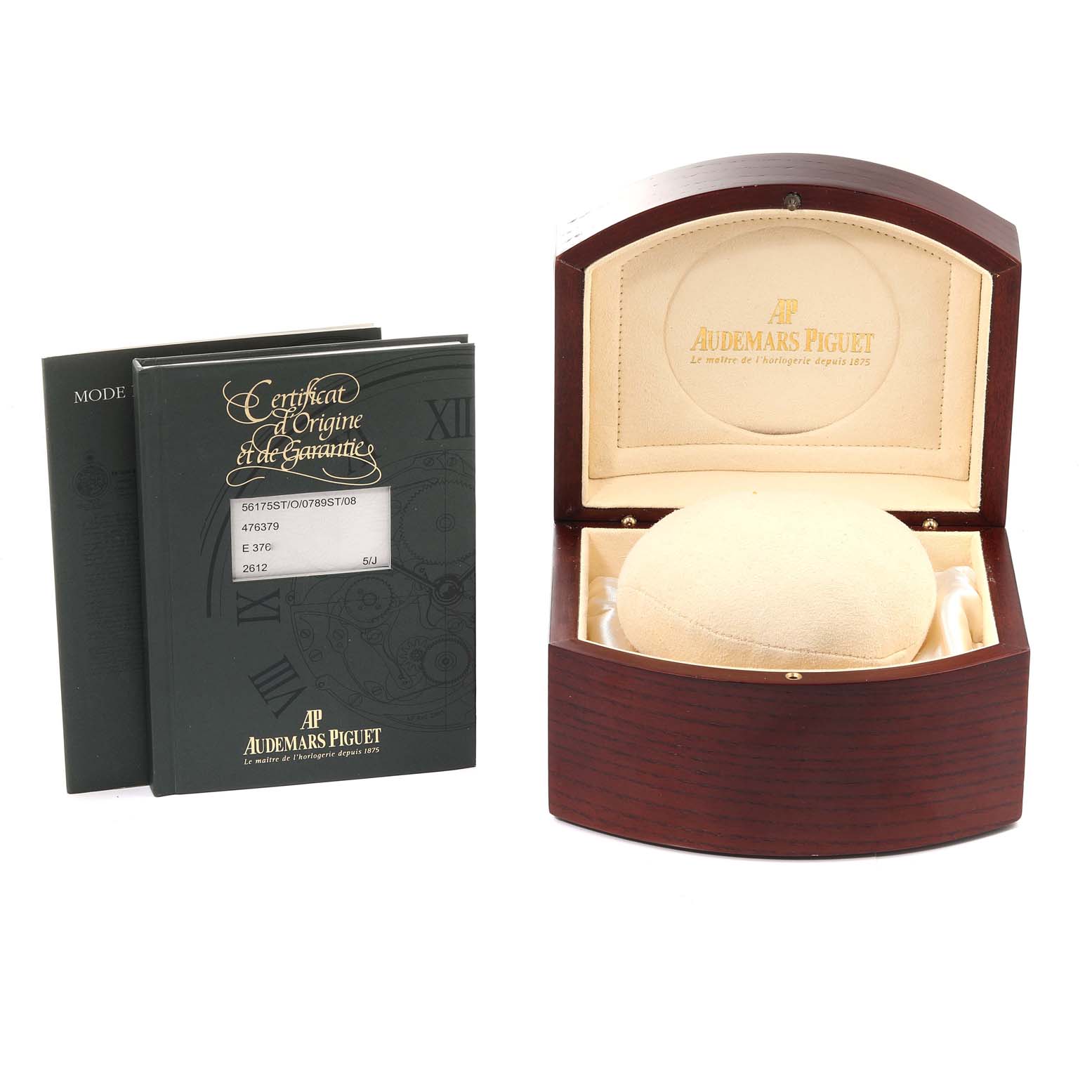 The image shows an Audemars Piguet Royal Oak 56175ST-O-0789ST-08 Men's Stainless Steel Silver Dial 56175ST-O-0789ST-08 Men's Stainless Steel Silver Dial watch box and warranty booklet.