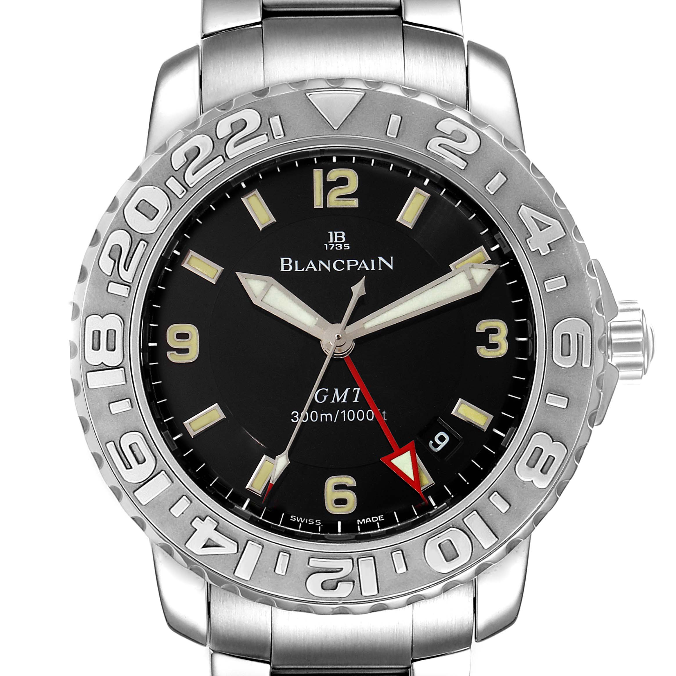 The image shows a front view of the Blancpain Fifty Fathoms 2250-1130-71 Men's Stainless Steel Black Dial 2250-1130-71 Men's Stainless Steel Black Dial watch, displaying its dial, bezel, and part of the bracelet.