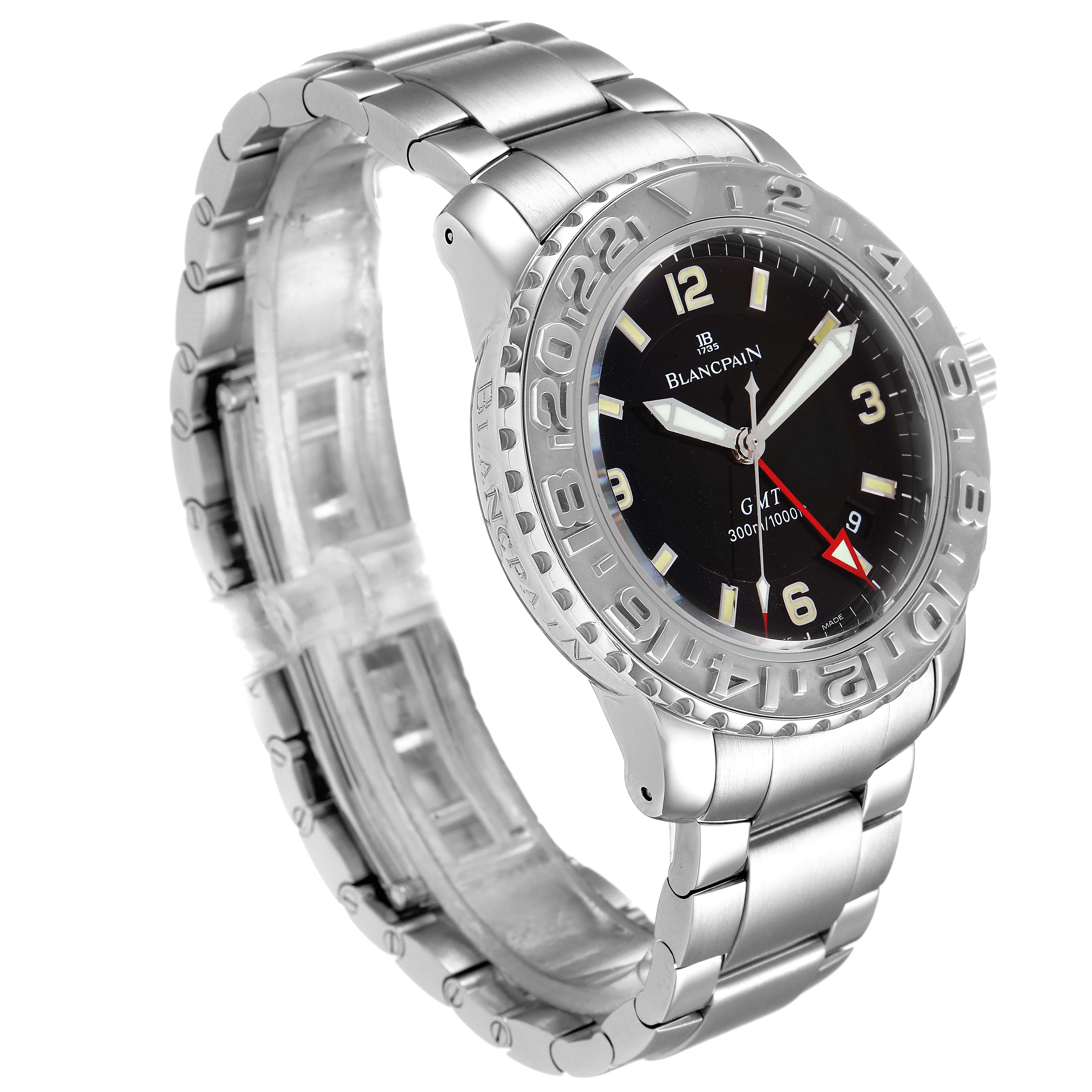 The image shows a side angle of the Blancpain Fifty Fathoms 2250-1130-71 Men's Stainless Steel Black Dial 2250-1130-71 Men's Stainless Steel Black Dial watch, highlighting the face, bezel, and stainless steel bracelet.