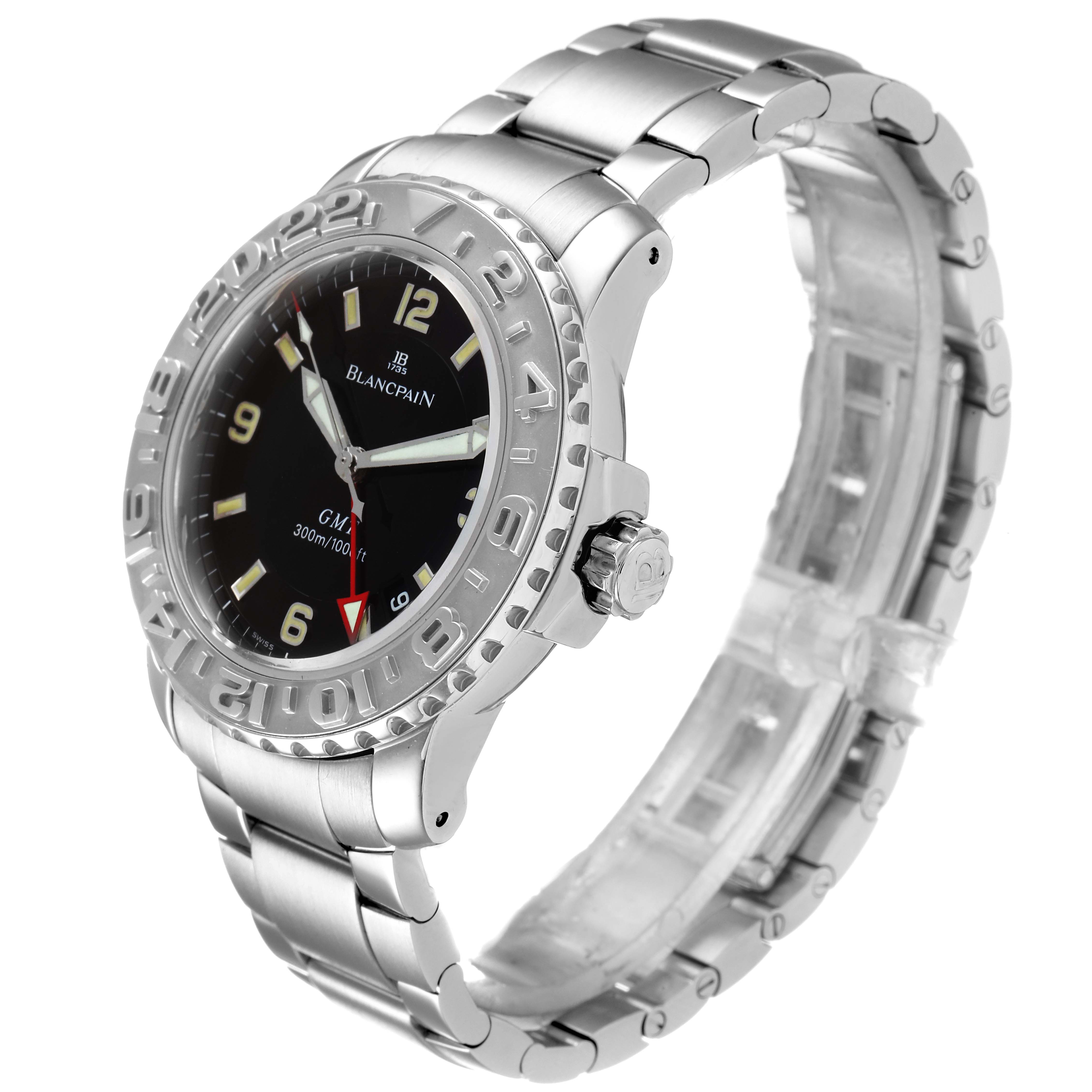 The image shows a Blancpain Fifty Fathoms 2250-1130-71 Men's Stainless Steel Black Dial 2250-1130-71 Men's Stainless Steel Black Dial watch at an angled side view, highlighting the bracelet, bezel, and dial.