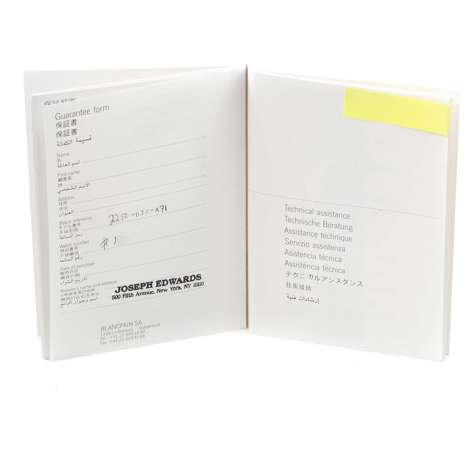 The image shows the open guarantee and technical assistance booklet for the Blancpain Fifty Fathoms 2250-1130-71 Men's Stainless Steel Black Dial 2250-1130-71 Men's Stainless Steel Black Dial watch.