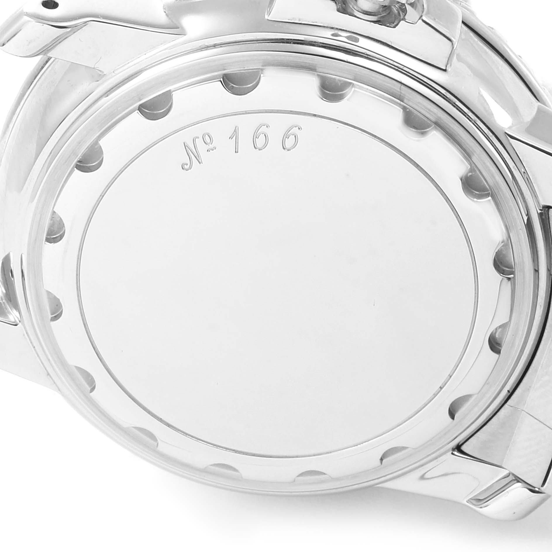 This image shows the back case of the Blancpain Fifty Fathoms 2250-1130-71 Men's Stainless Steel Black Dial 2250-1130-71 Men's Stainless Steel Black Dial watch, including the serial number "No 166".