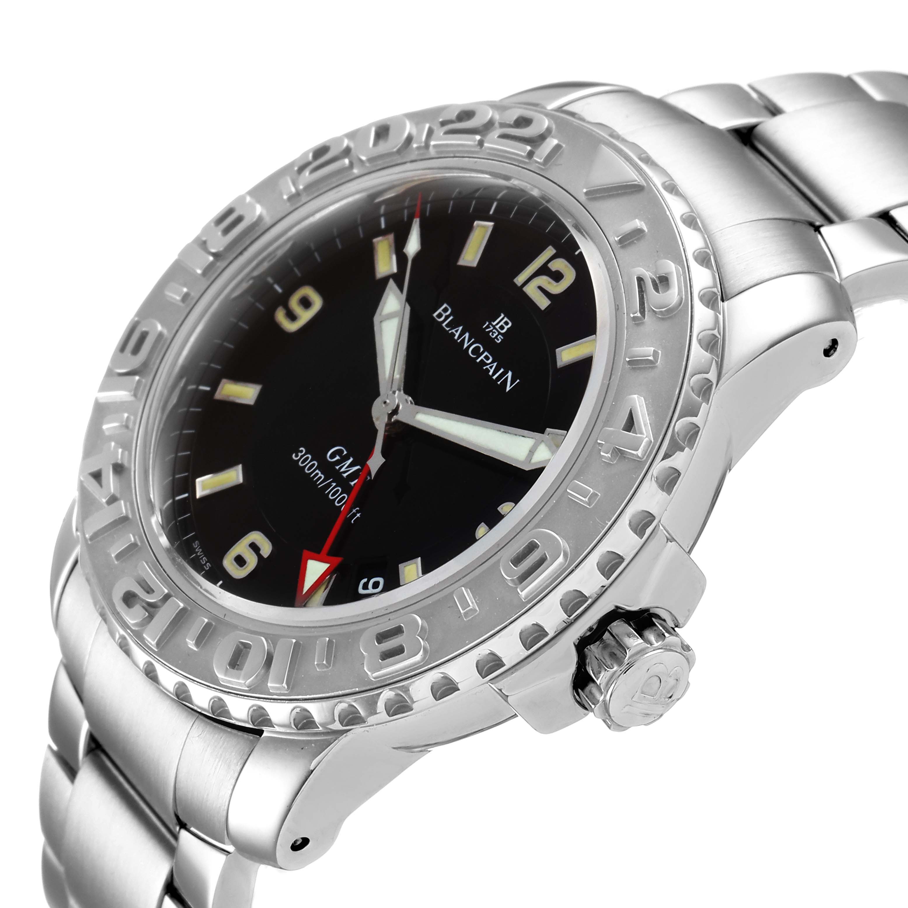 The image shows a side-angle view of the Blancpain Fifty Fathoms 2250-1130-71 Men's Stainless Steel Black Dial 2250-1130-71 Men's Stainless Steel Black Dial GMT, highlighting the bezel, dial, and crown.