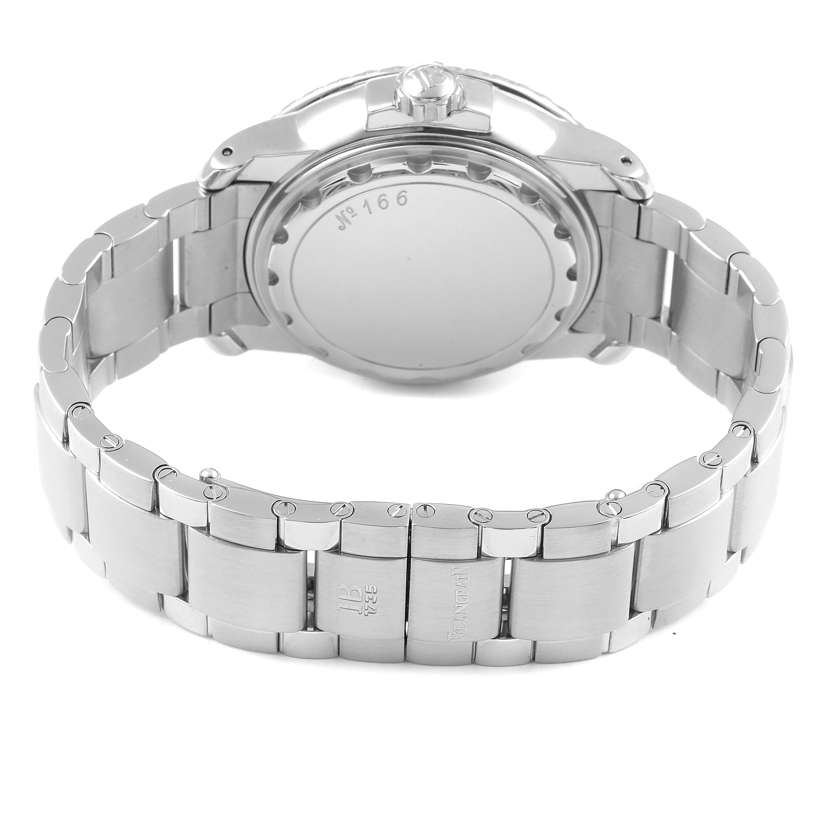 The image shows the back and bracelet of a Blancpain Fifty Fathoms 2250-1130-71 Men's Stainless Steel Black Dial 2250-1130-71 Men's Stainless Steel Black Dial watch, highlighting the case back and metal links.