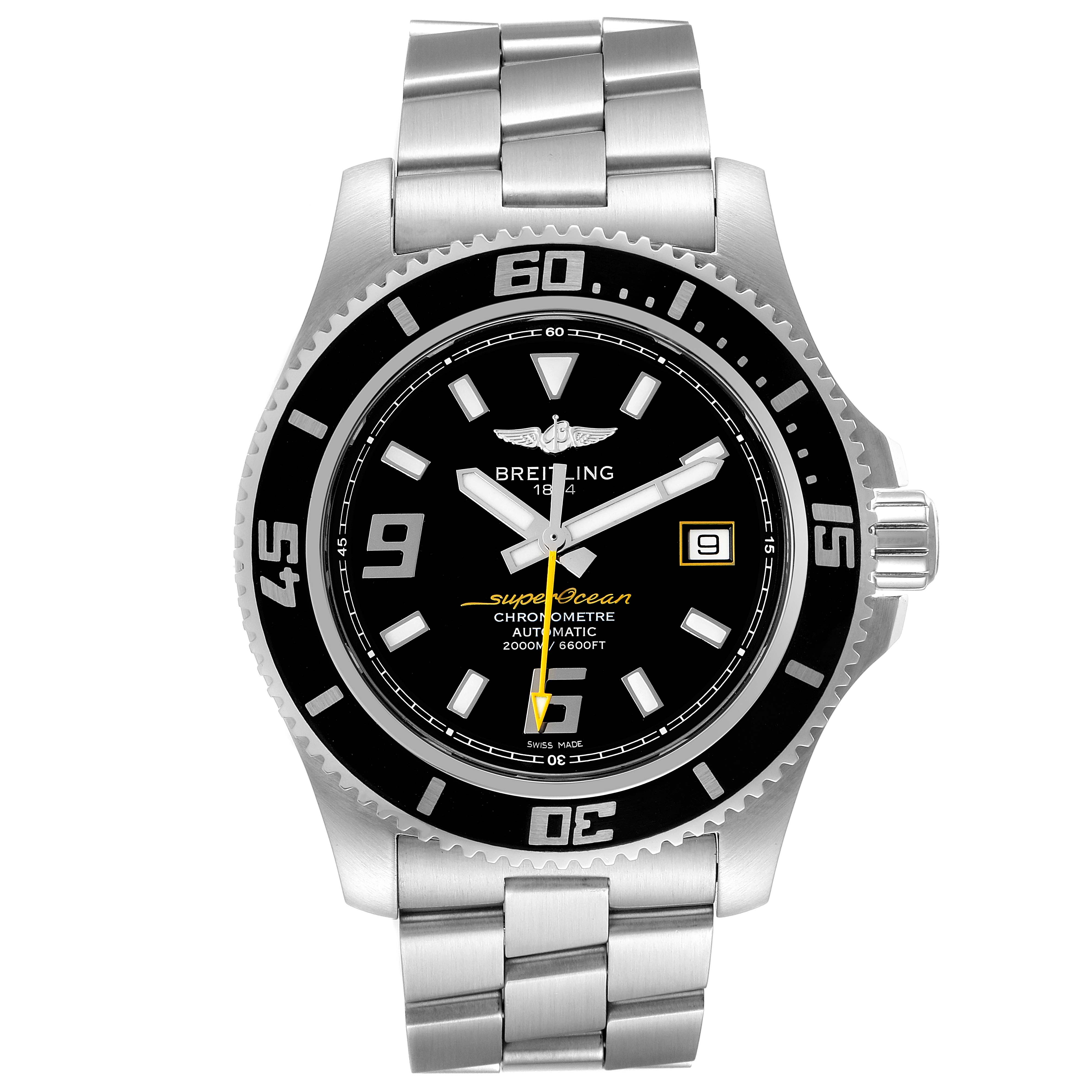 The image shows a front view of the Breitling Superocean A17391 Men's Stainless Steel Black Dial A17391 Men's Stainless Steel Black Dial watch, highlighting the dial, bezel, hands, date window, and bracelet.