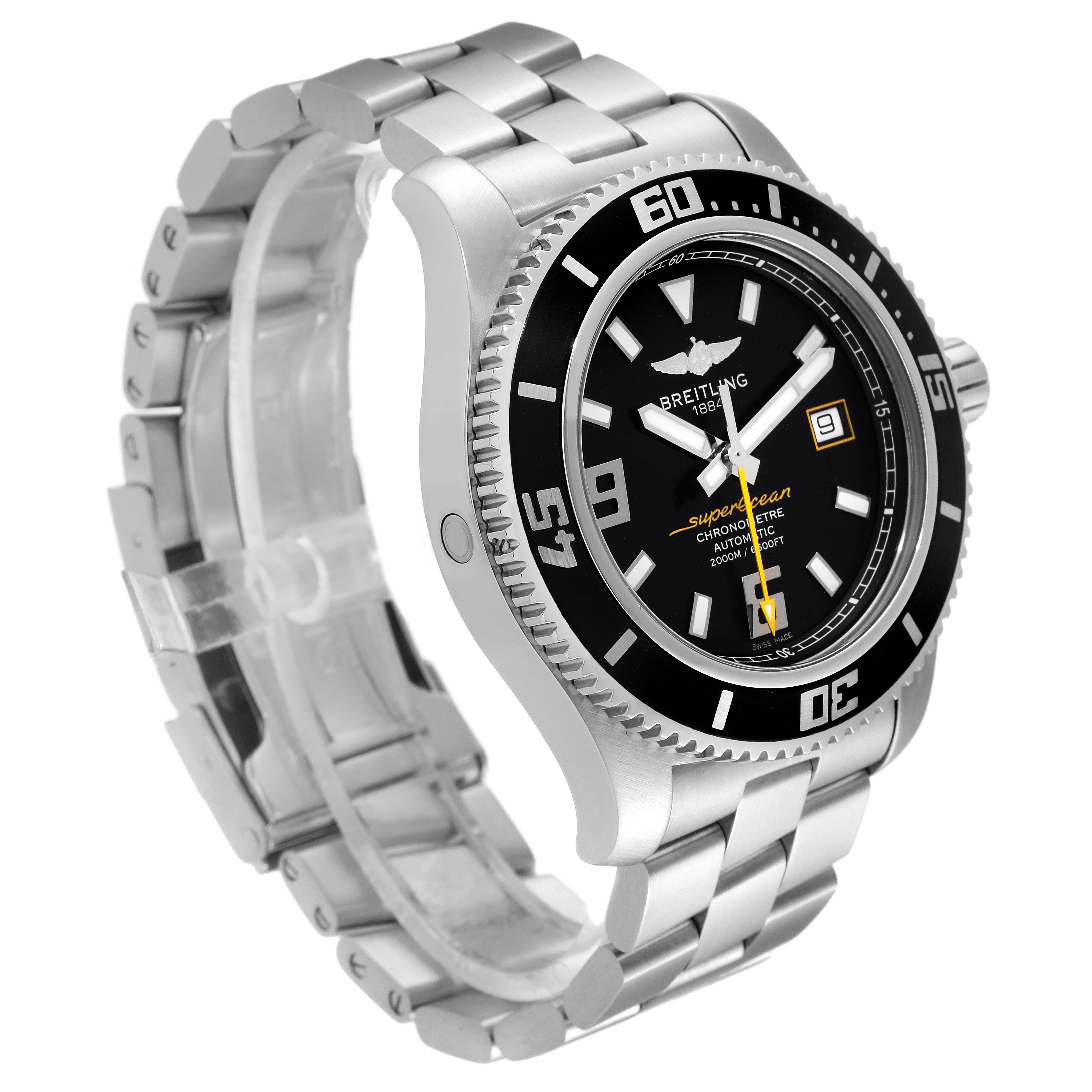This Breitling Superocean A17391 Men's Stainless Steel Black Dial A17391 Men's Stainless Steel Black Dial watch is shown at a three-quarter angle, highlighting its bezel, dial, and stainless steel bracelet.