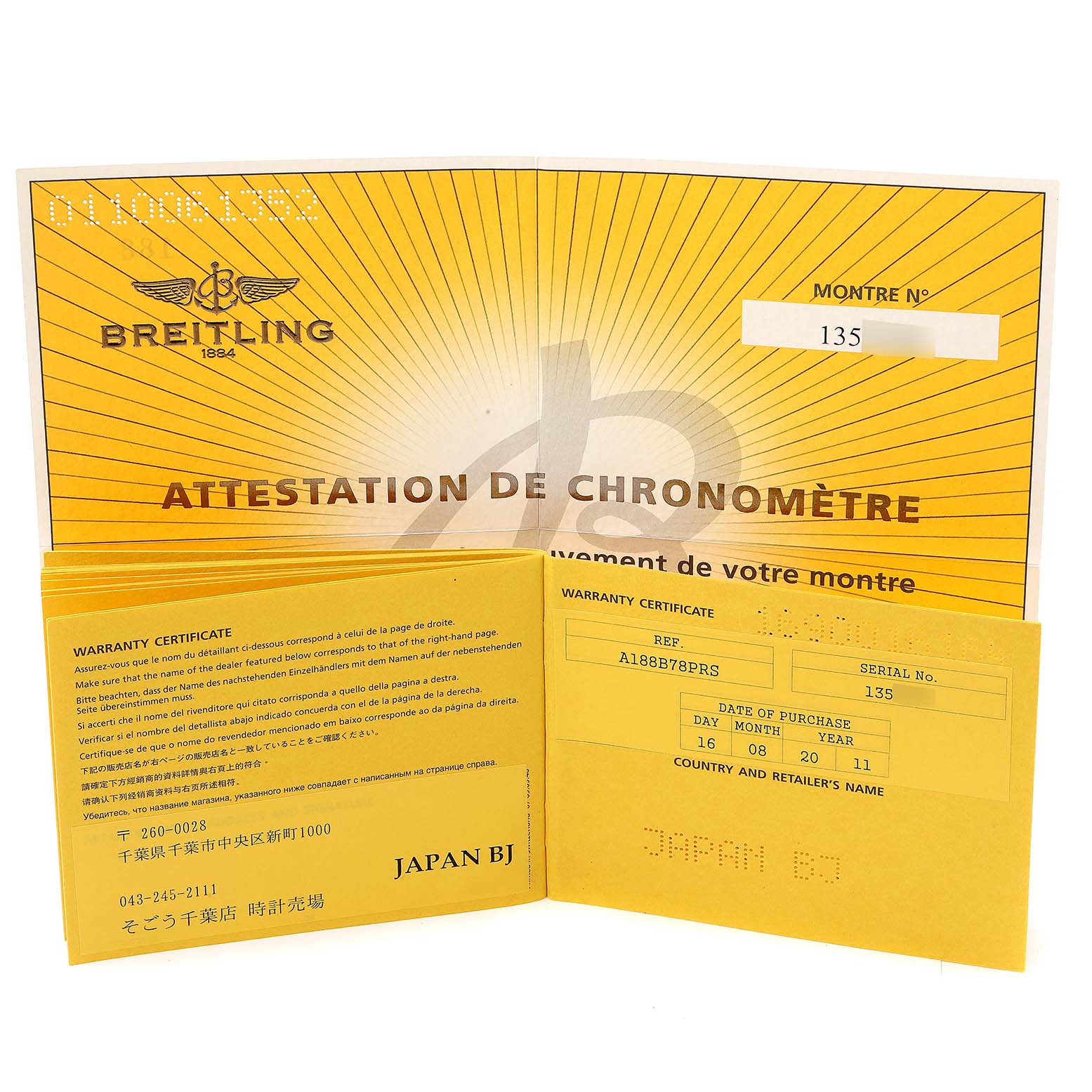 The image shows Breitling Superocean A17391 Men's Stainless Steel Black Dial A17391 Men's Stainless Steel Black Dial warranty certificates and a chronometer attestation booklet.