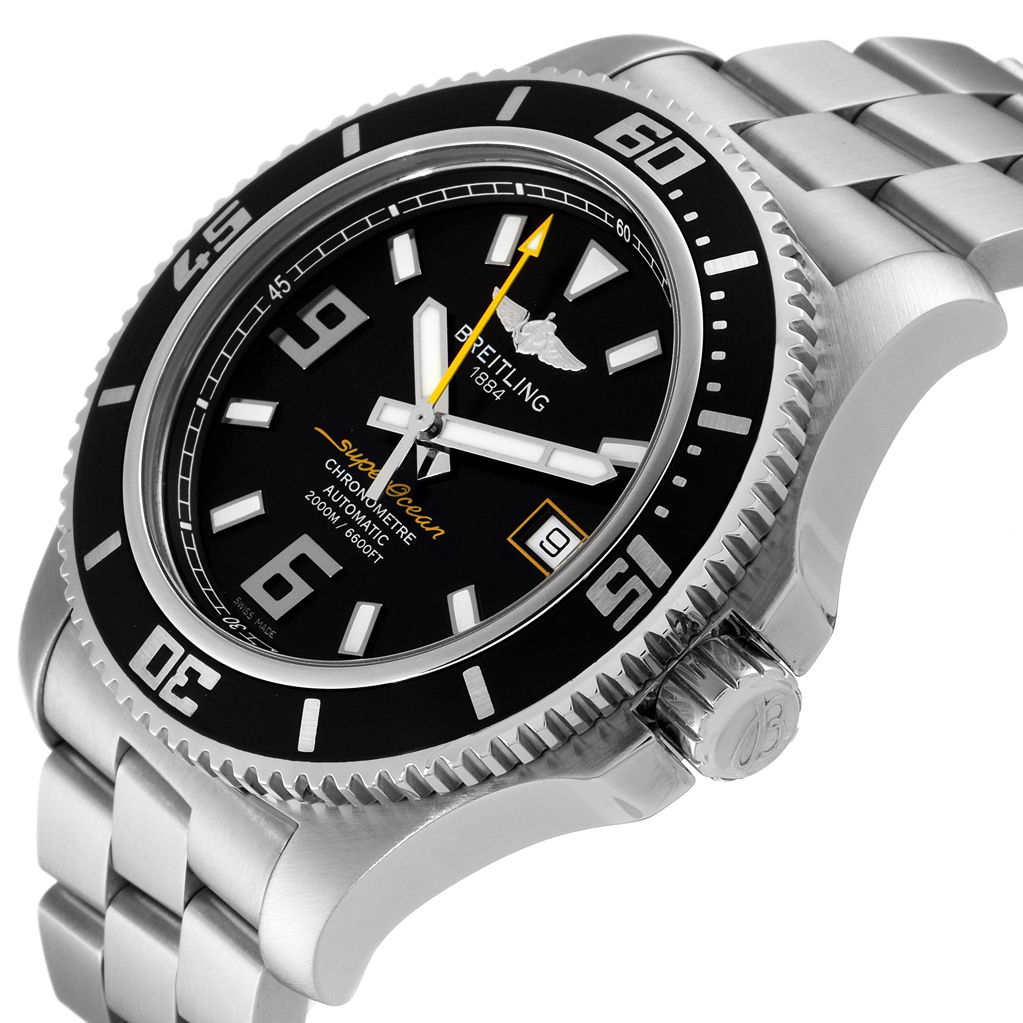 The image shows a Breitling Superocean A17391 Men's Stainless Steel Black Dial A17391 Men's Stainless Steel Black Dial watch at a slight angle, focusing on the dial, bezel, and part of the metal bracelet.
