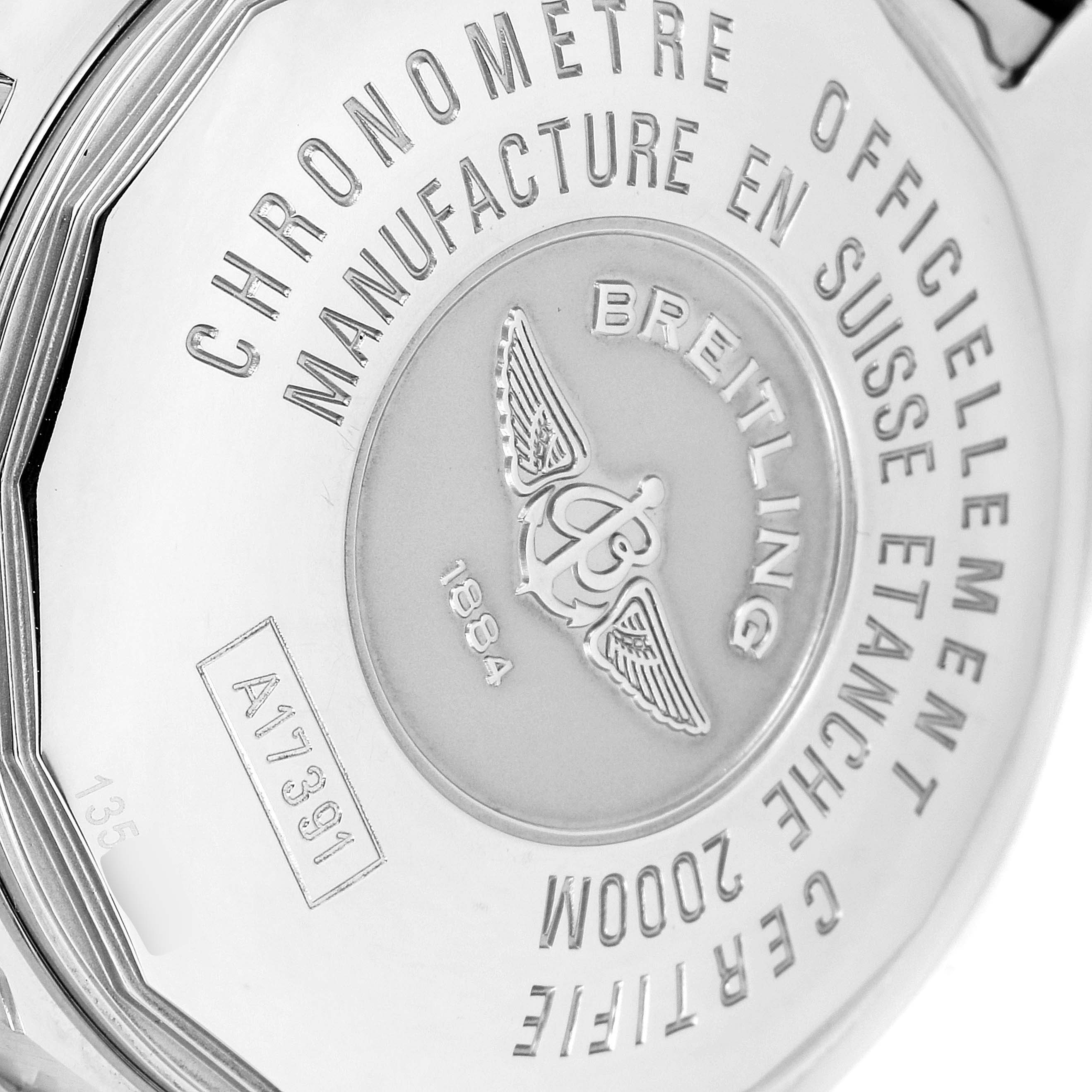 This image shows the back case of a Breitling Superocean A17391 Men's Stainless Steel Black Dial A17391 Men's Stainless Steel Black Dial watch, highlighting its engravings and logo.