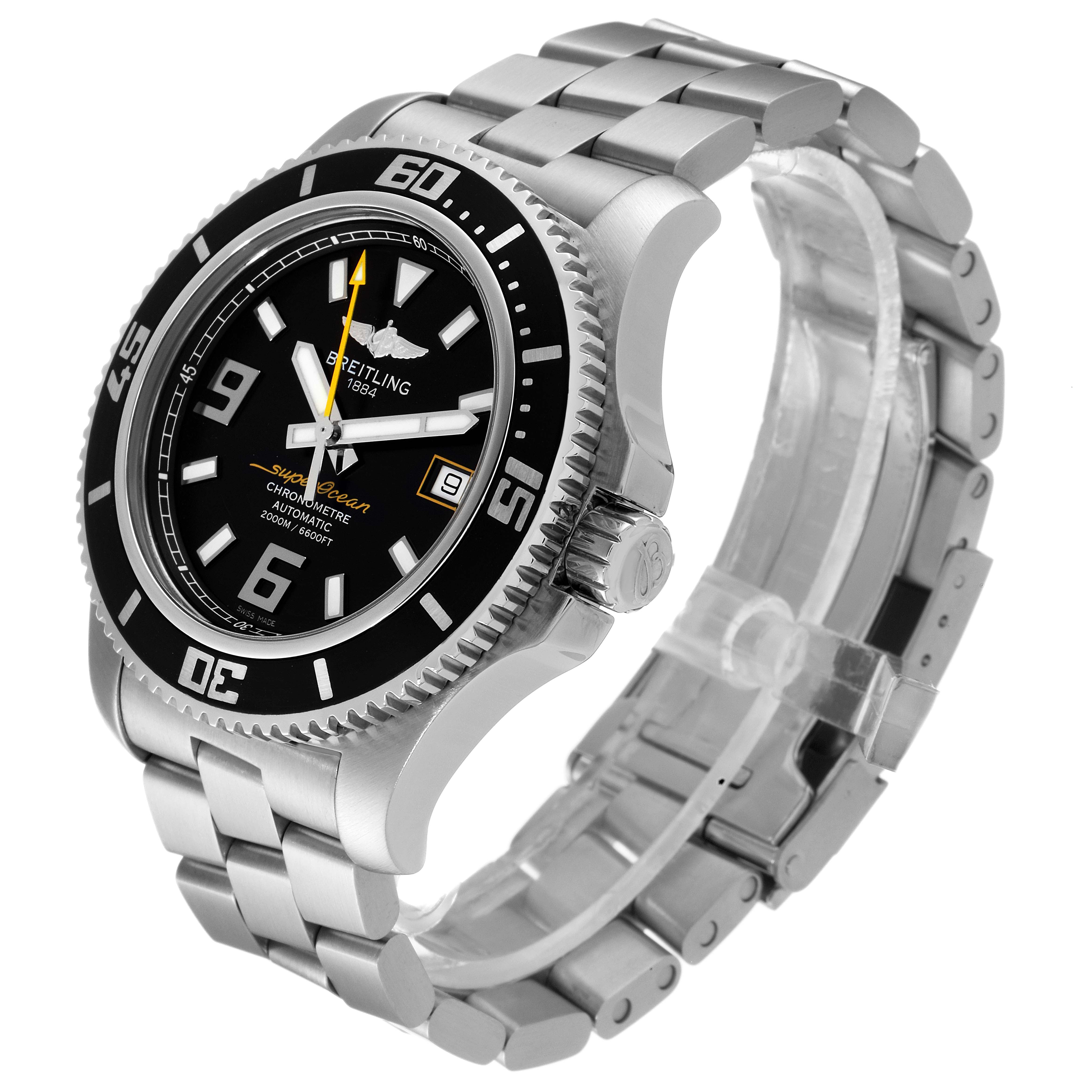 The Breitling Superocean A17391 Men's Stainless Steel Black Dial A17391 Men's Stainless Steel Black Dial watch is shown at a three-quarter angle, displaying its face, bezel, and metal bracelet.