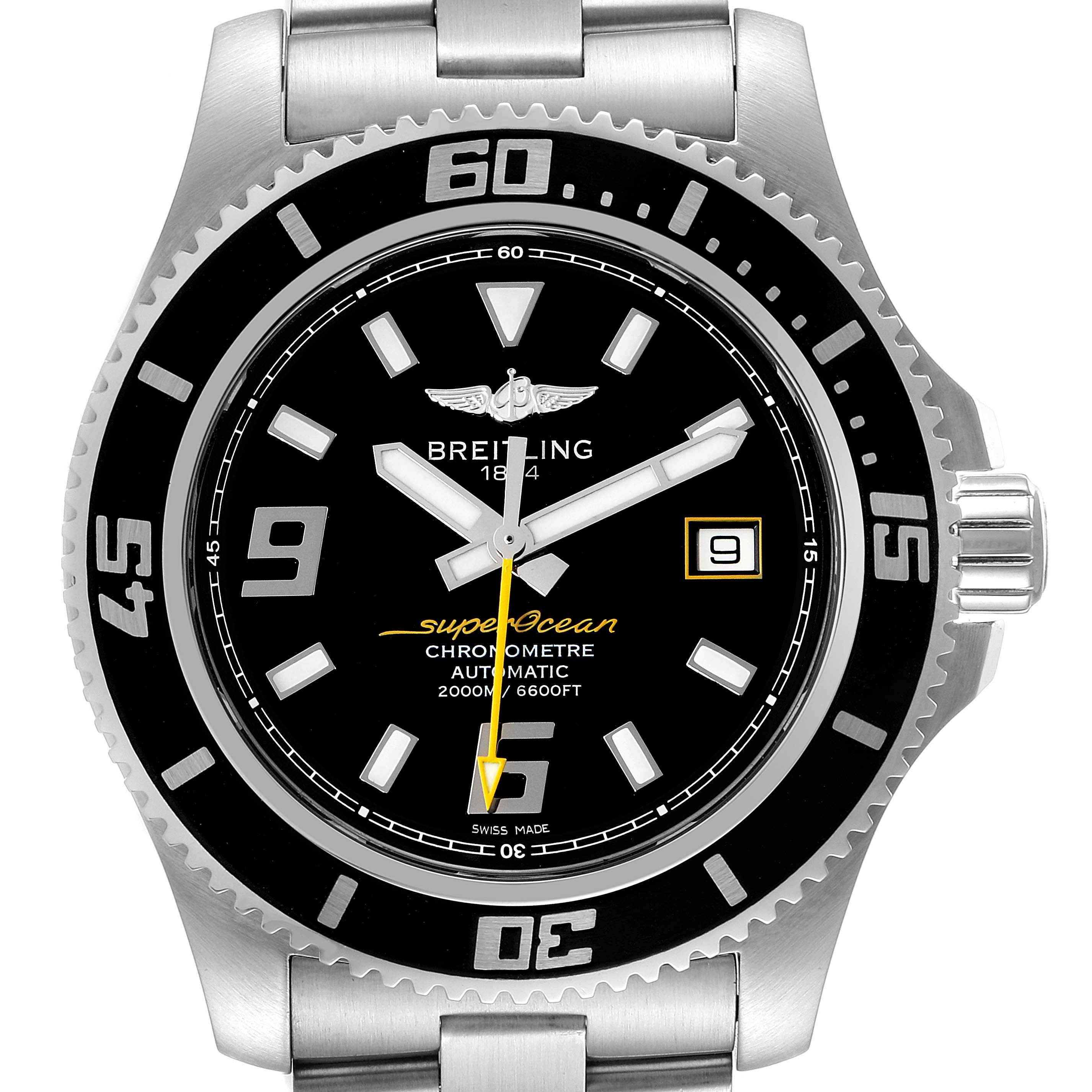 The image shows a frontal view of the Breitling Superocean A17391 Men's Stainless Steel Black Dial A17391 Men's Stainless Steel Black Dial watch, highlighting its bezel, dial, hands, and bracelet.