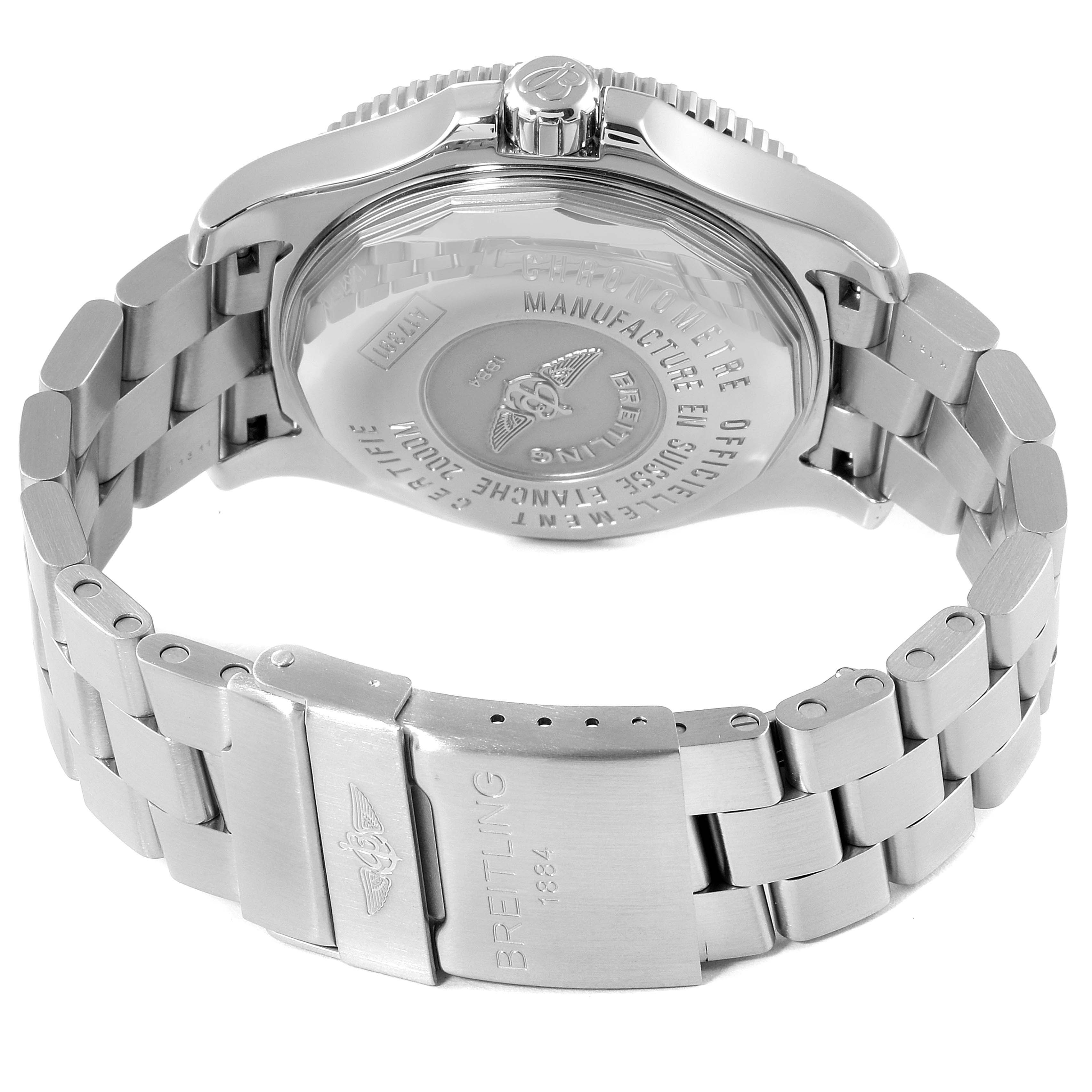 The image shows the back view of a Breitling Superocean A17391 Men's Stainless Steel Black Dial A17391 Men's Stainless Steel Black Dial watch, highlighting its case back, crown, and stainless steel bracelet.