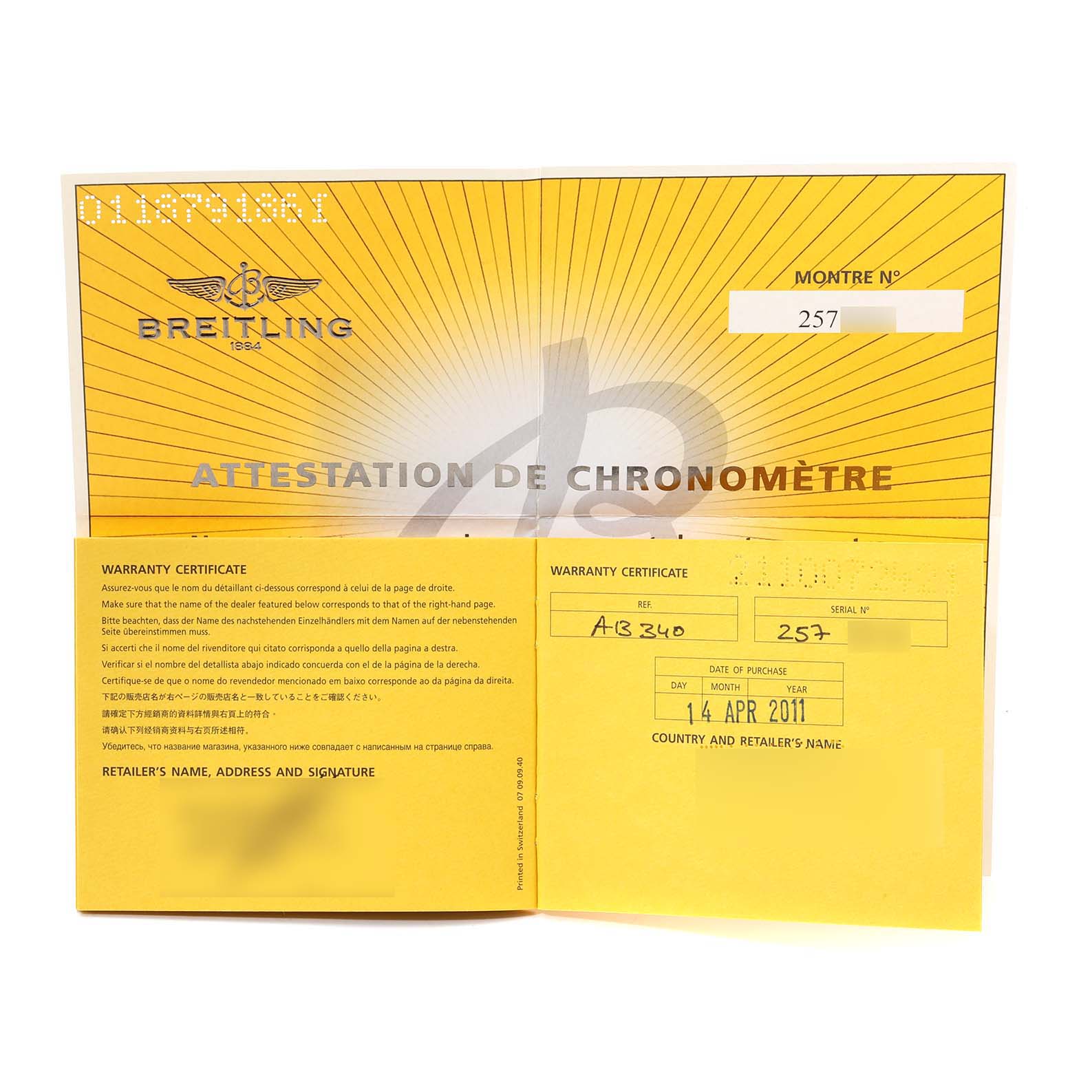 The image shows the warranty certificate and chronometer attestation for the Breitling Superocean A13340 Men
s Stainless Steel Black Dial A13340 Men
s Stainless Steel Black Dial model.