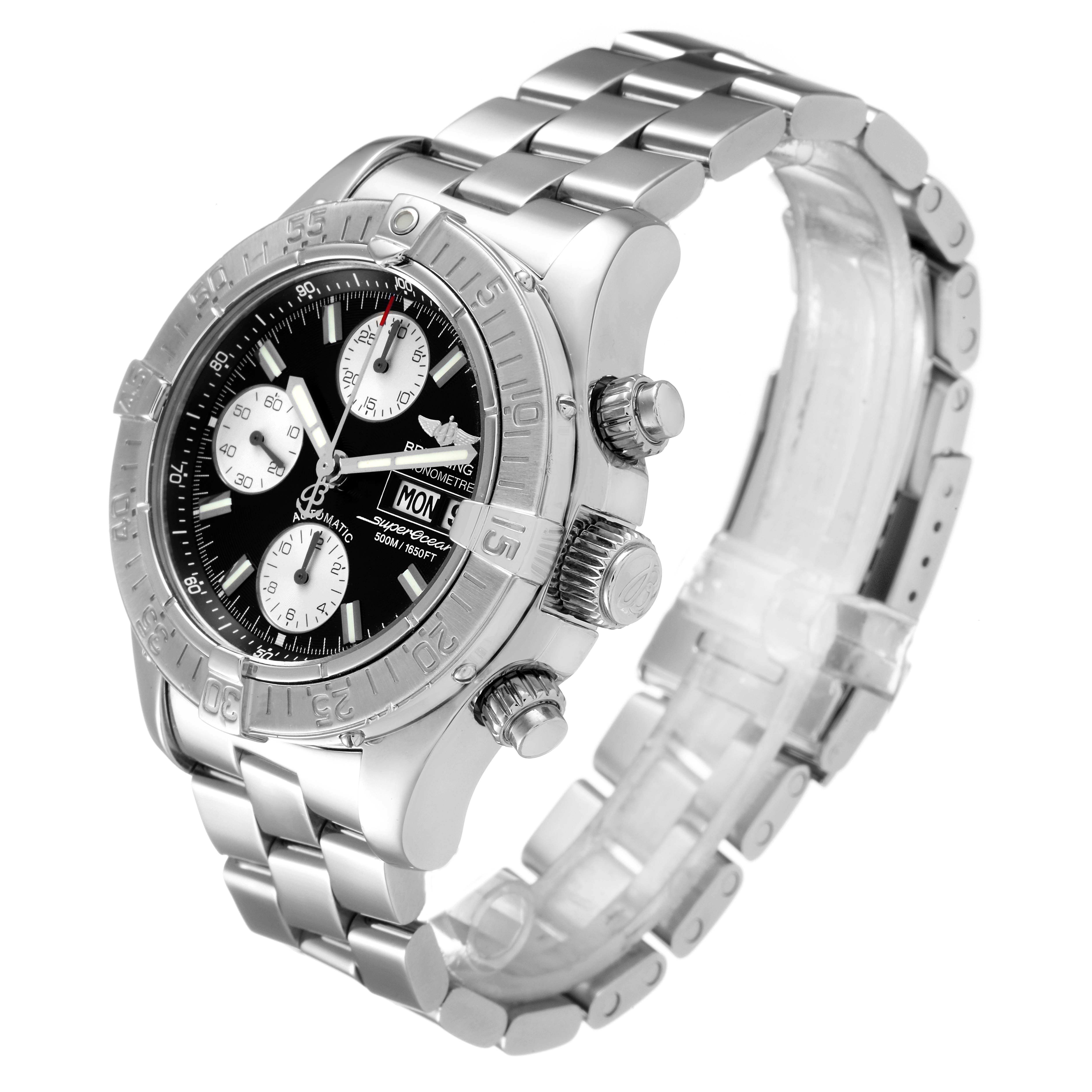 The image shows a Breitling Superocean A13340 Men
s Stainless Steel Black Dial A13340 Men
s Stainless Steel Black Dial watch at a slight side angle, displaying its bezel, crown, chronograph dials, and bracelet.