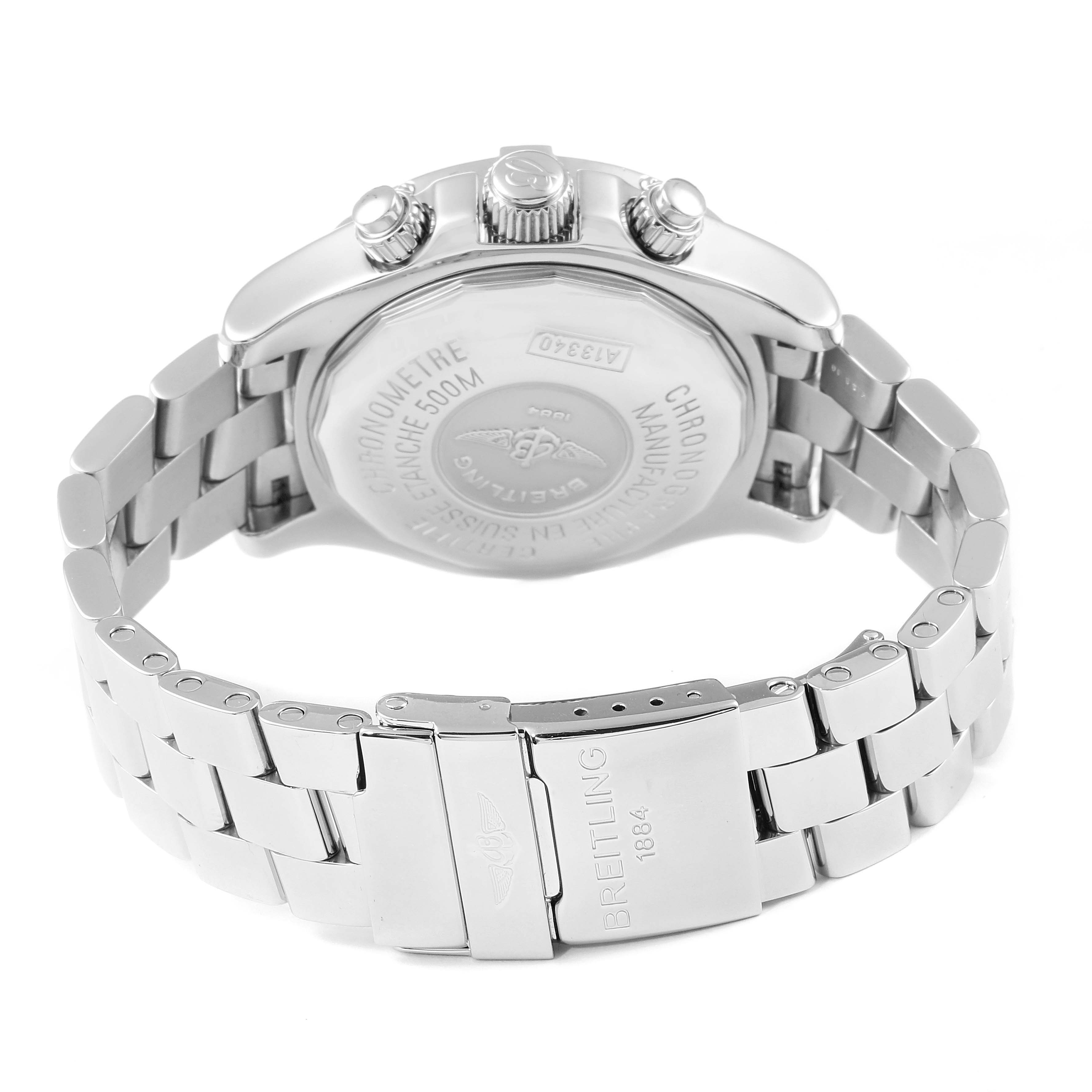 The image shows the back case and bracelet of the Breitling Superocean A13340 Men
s Stainless Steel Black Dial A13340 Men
s Stainless Steel Black Dial watch from a rear angle.