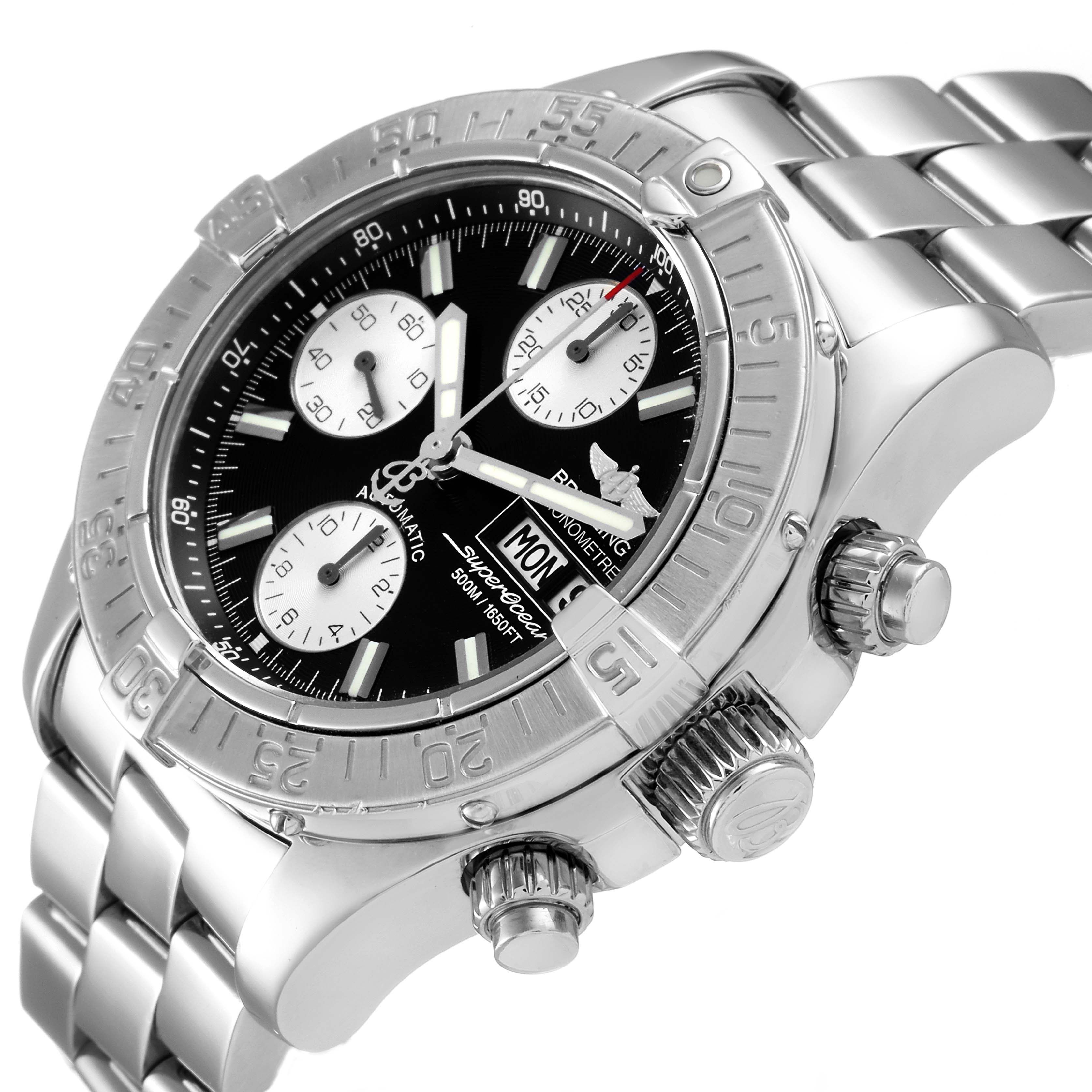 The image shows a Breitling Superocean A13340 Men
s Stainless Steel Black Dial A13340 Men
s Stainless Steel Black Dial watch at an angled close-up, highlighting the bezel, crown, pushers, and metal bracelet.