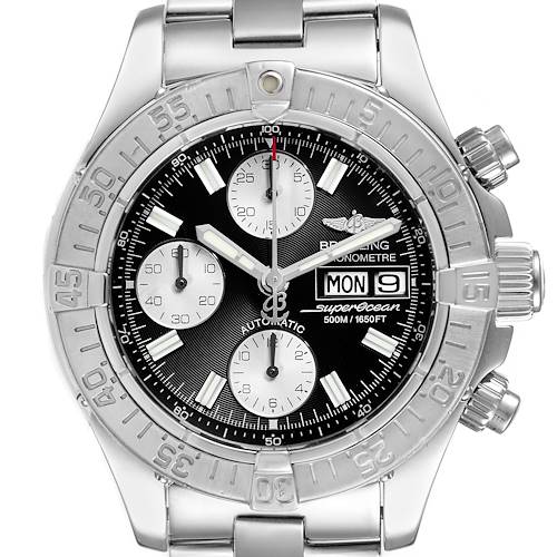 This image shows a front view of the Breitling Superocean watch, highlighting its face, bezel, and bracelet details.