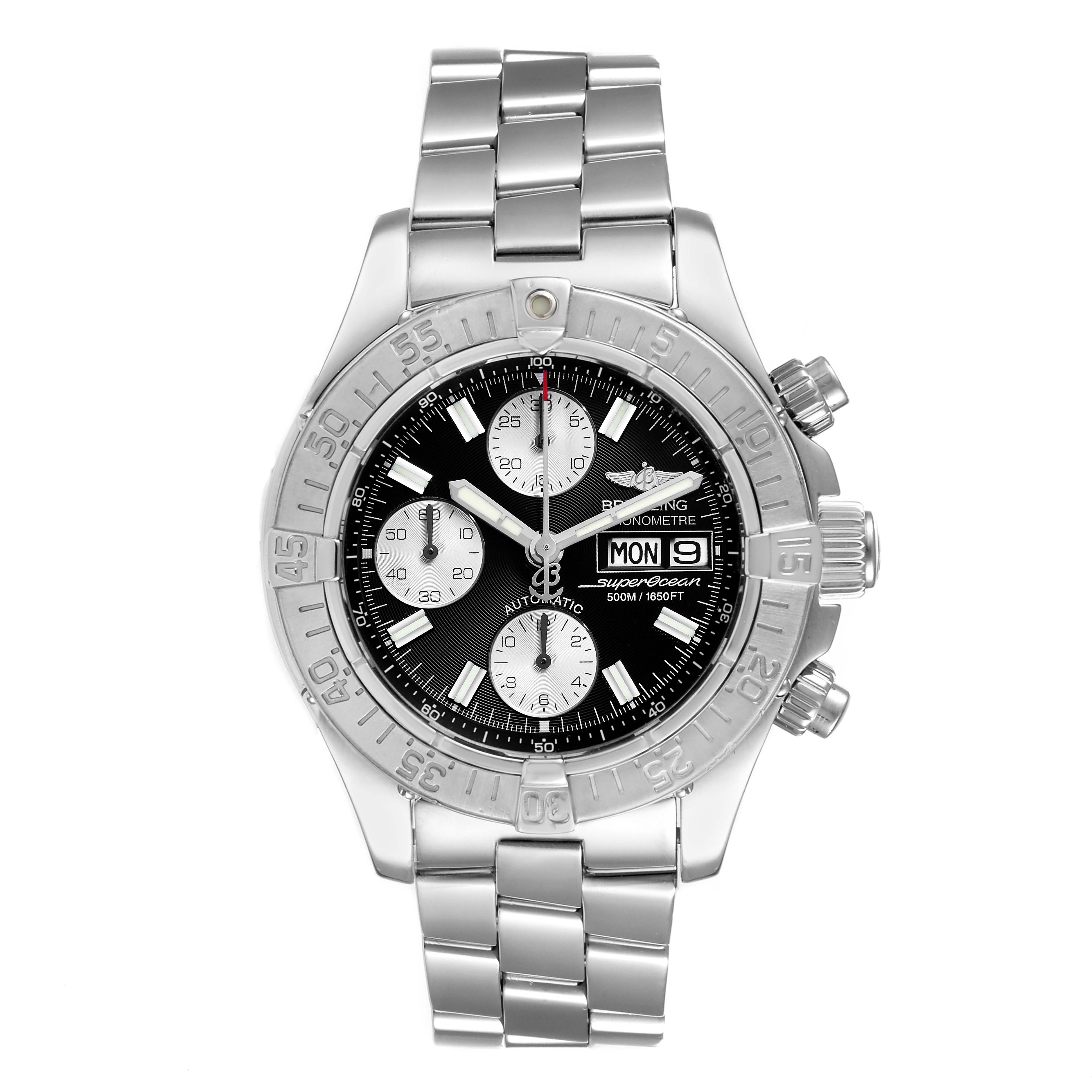 The image shows a frontal view of a Breitling Superocean A13340 Men
s Stainless Steel Black Dial A13340 Men
s Stainless Steel Black Dial watch with a stainless steel bracelet, chronograph dials, and a date display.