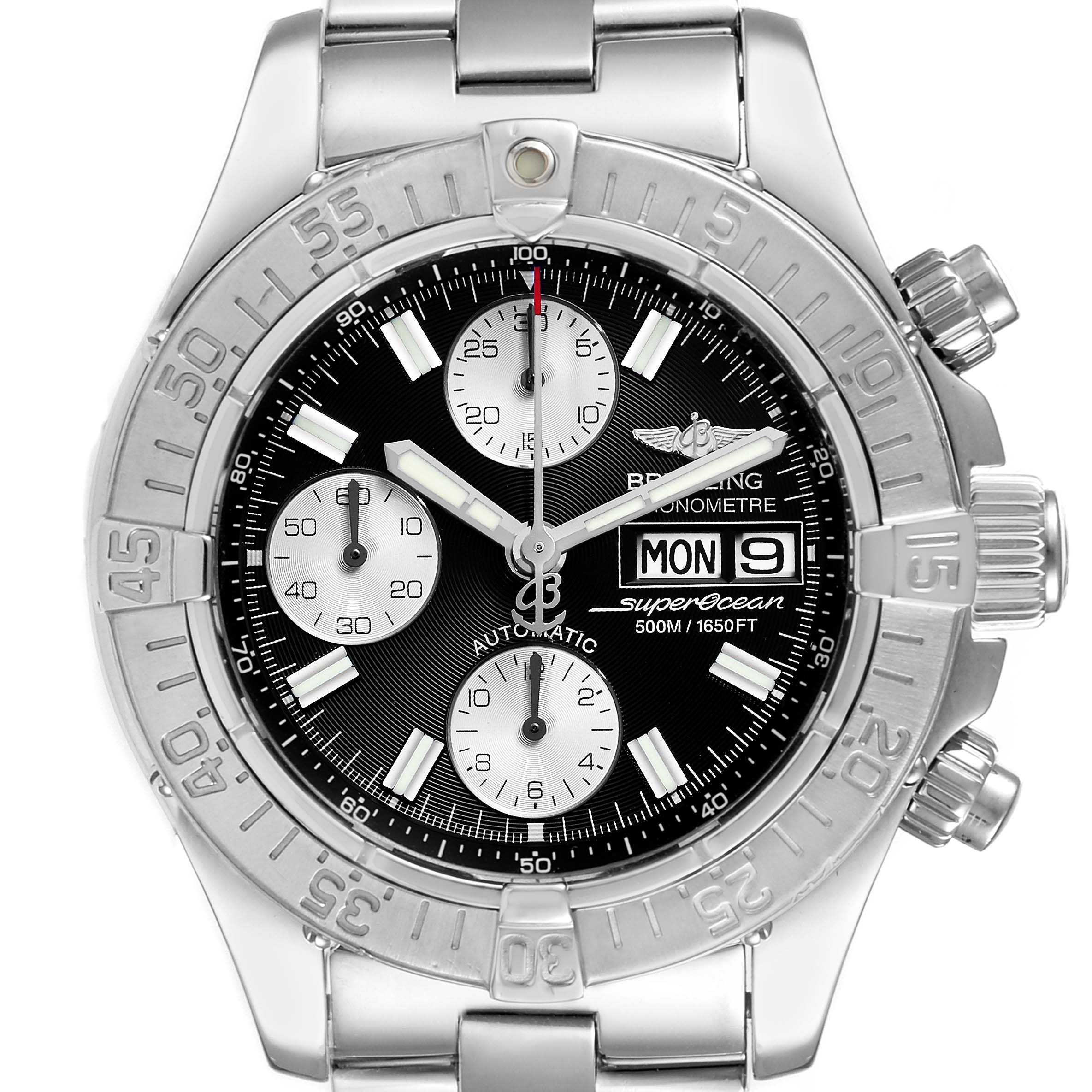 The image shows a front view of the Breitling Superocean A13340 Men
s Stainless Steel Black Dial A13340 Men
s Stainless Steel Black Dial watch, highlighting its dial, bezel, chronograph subdials, and metal bracelet.