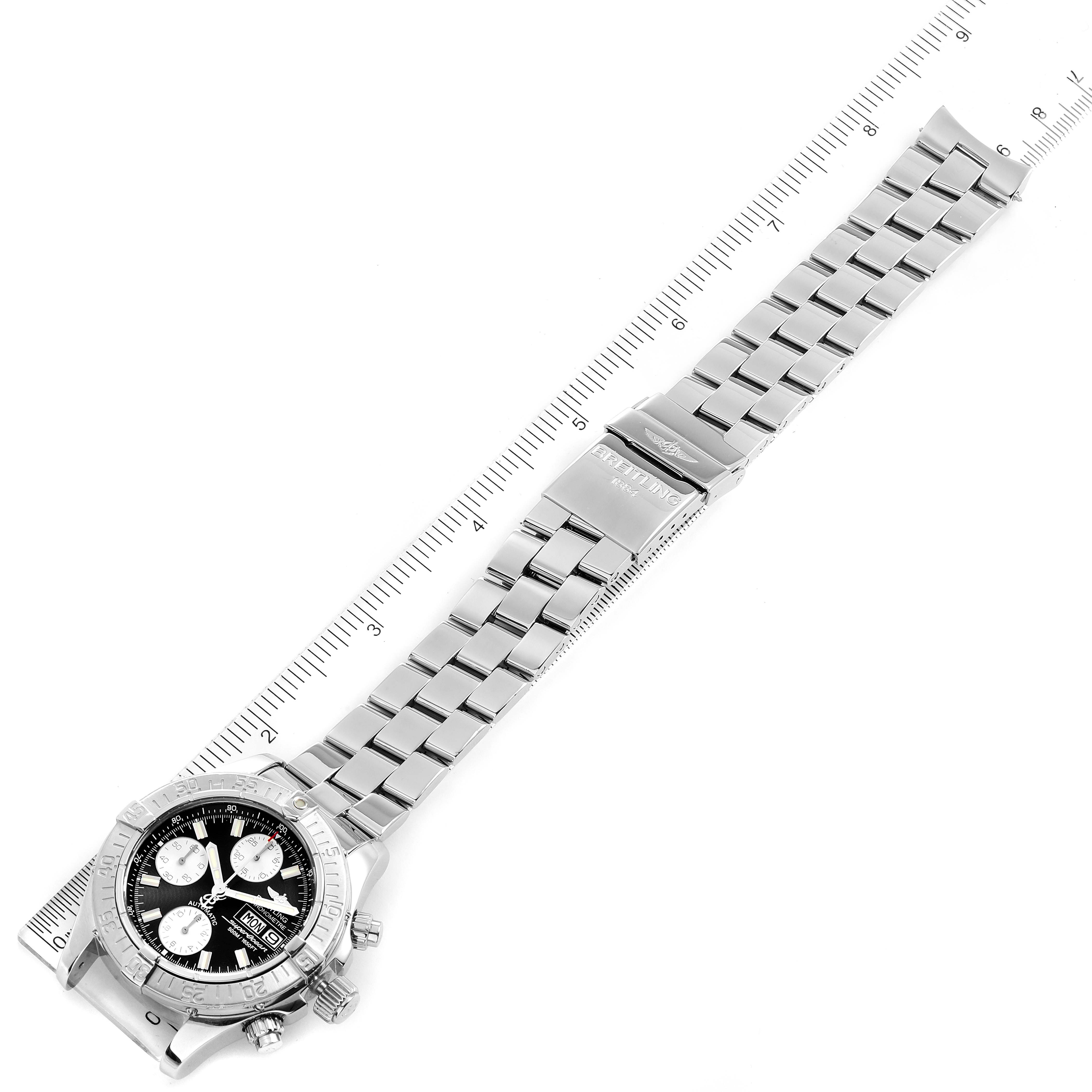 The image shows a top-down view of a Breitling Superocean A13340 Men
s Stainless Steel Black Dial A13340 Men
s Stainless Steel Black Dial watch including the bracelet, clasp, and measurement markings.
