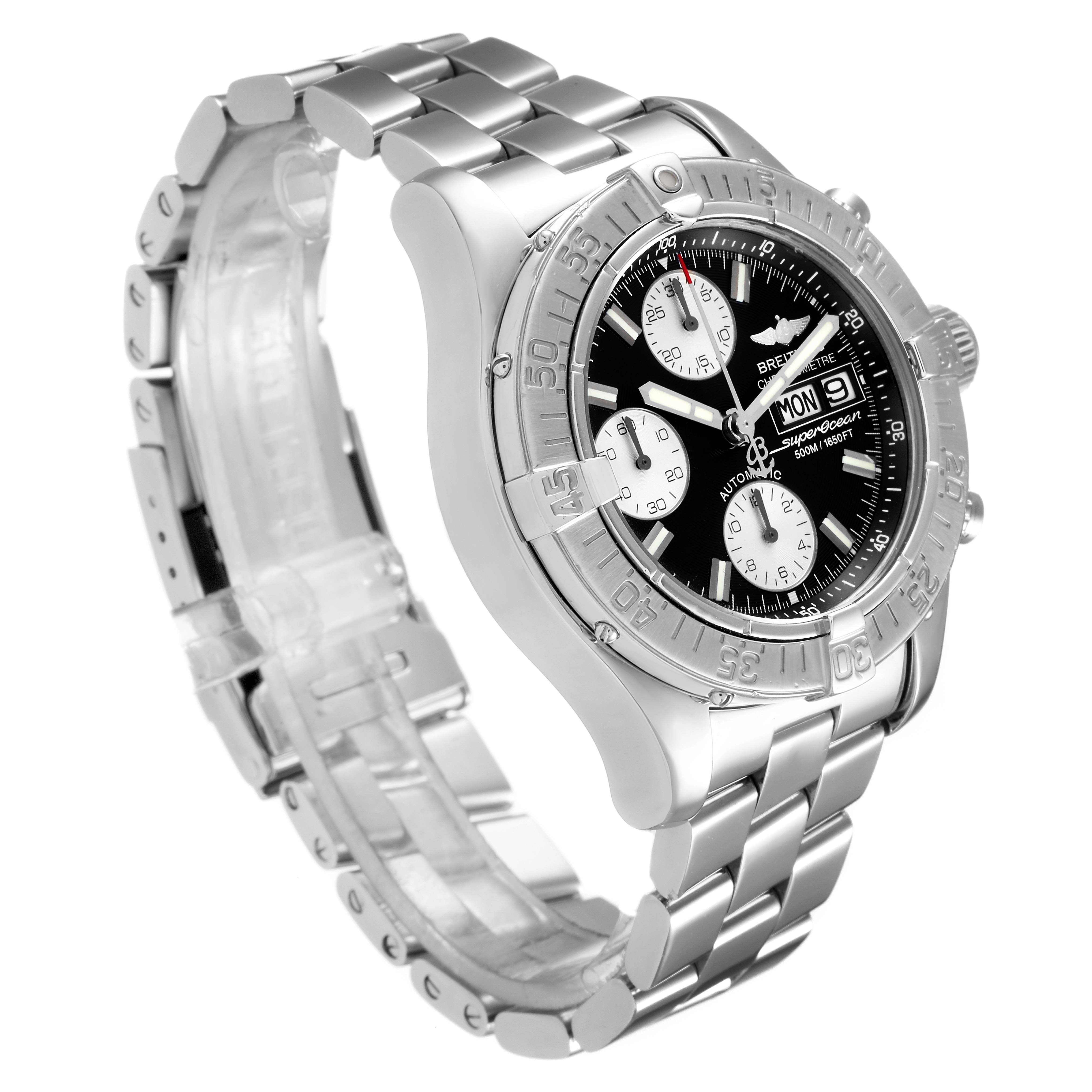 The Breitling Superocean A13340 Men
s Stainless Steel Black Dial A13340 Men
s Stainless Steel Black Dial watch is shown at a three-quarter angle, displaying its face, bezel, side, and metal band.